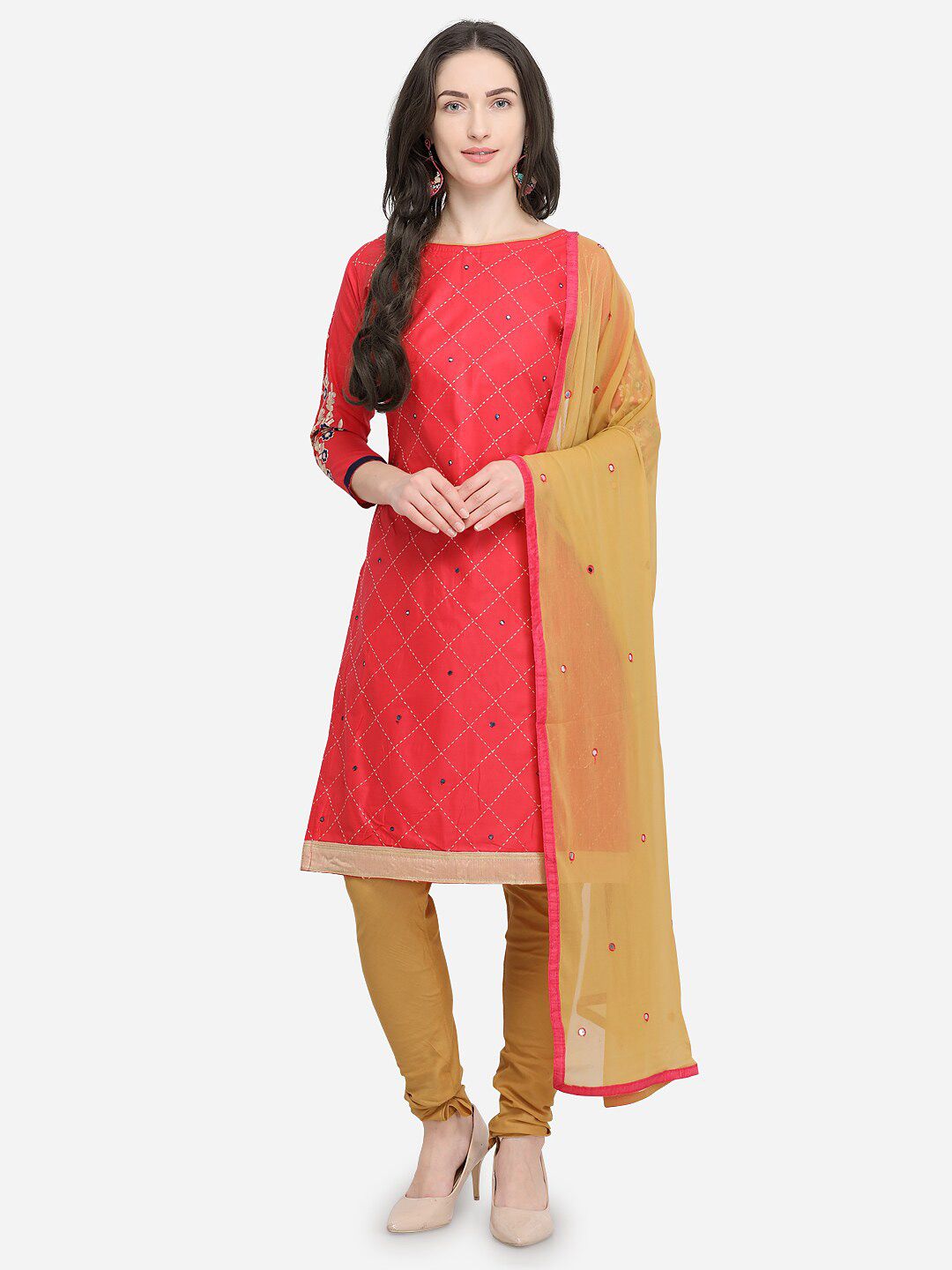 mf Women Red & Khaki Embroidered Pure Cotton Unstitched Dress Material Price in India