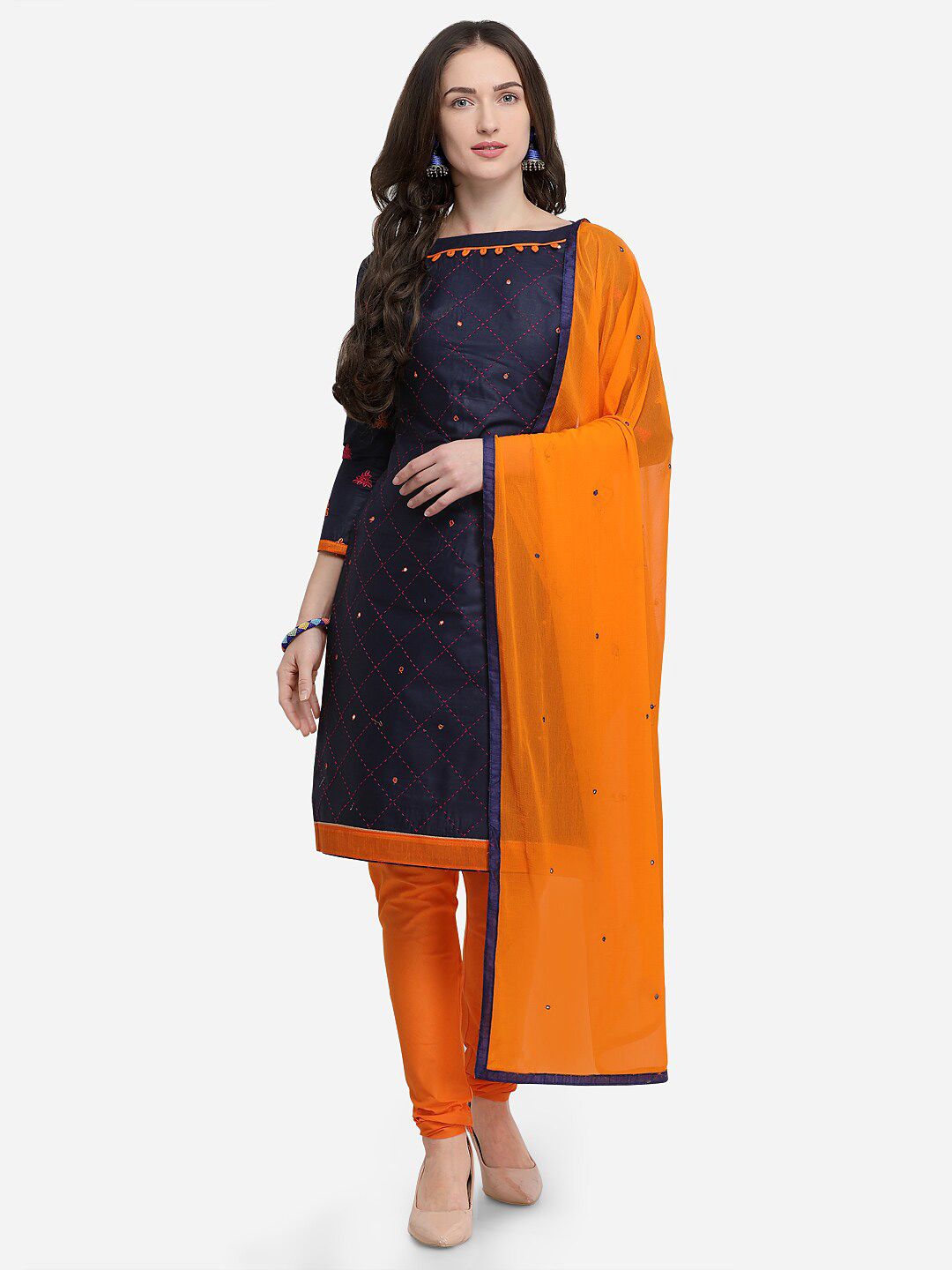 mf Women Blue & Orange Embroidered Pure Cotton Unstitched Dress Material Price in India