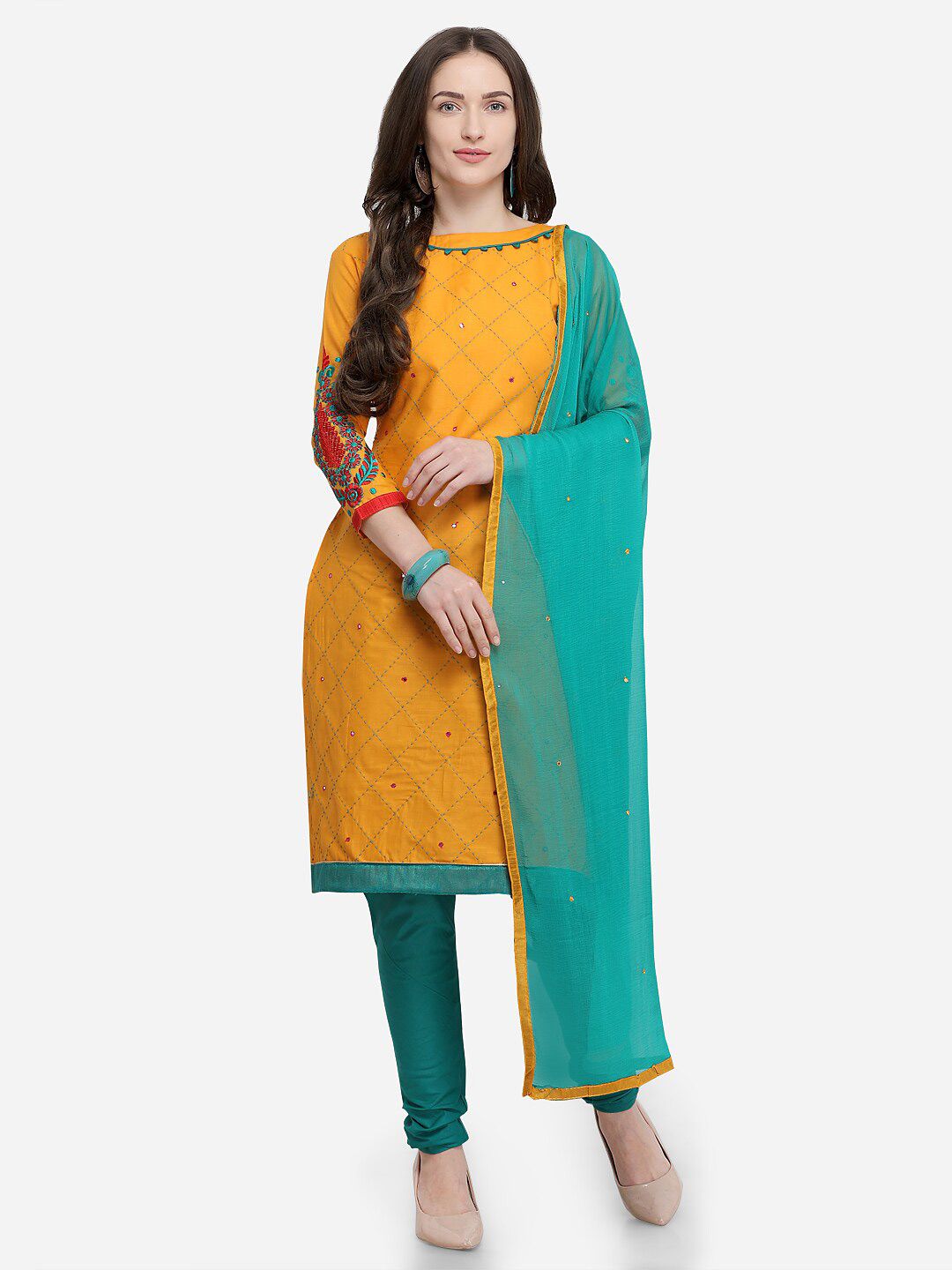 mf Mustard & Teal Embroidered Pure Cotton Unstitched Dress Material Price in India