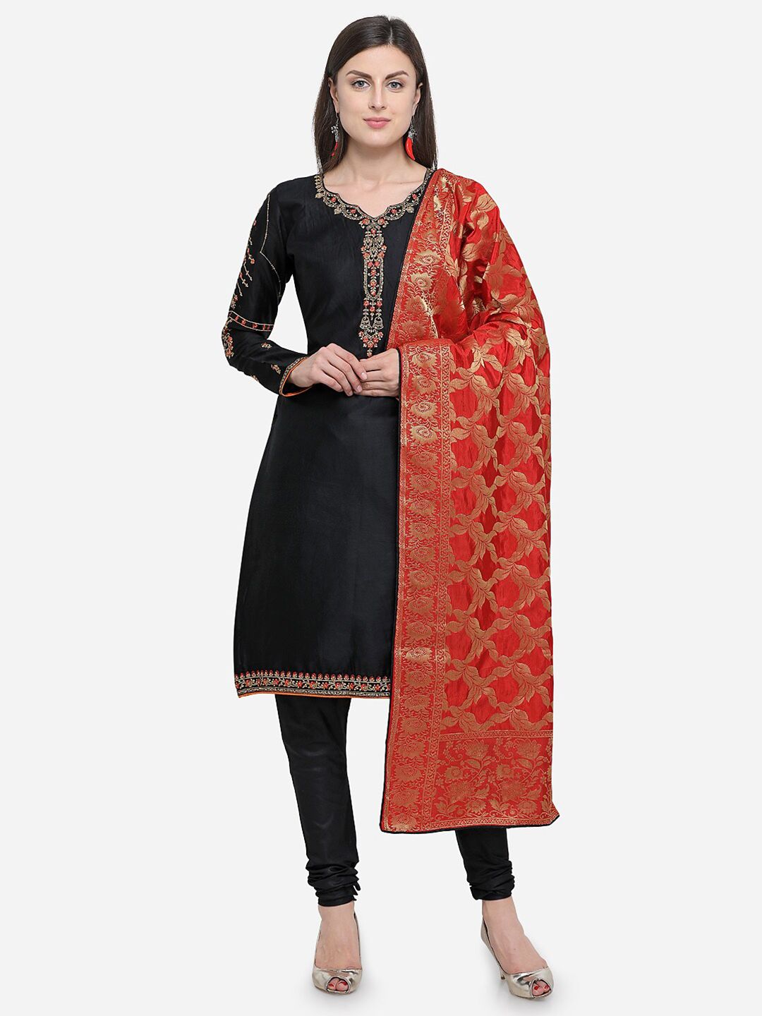 mf Women Black & Red Embroidered Pure Cotton Unstitched Dress Material Price in India