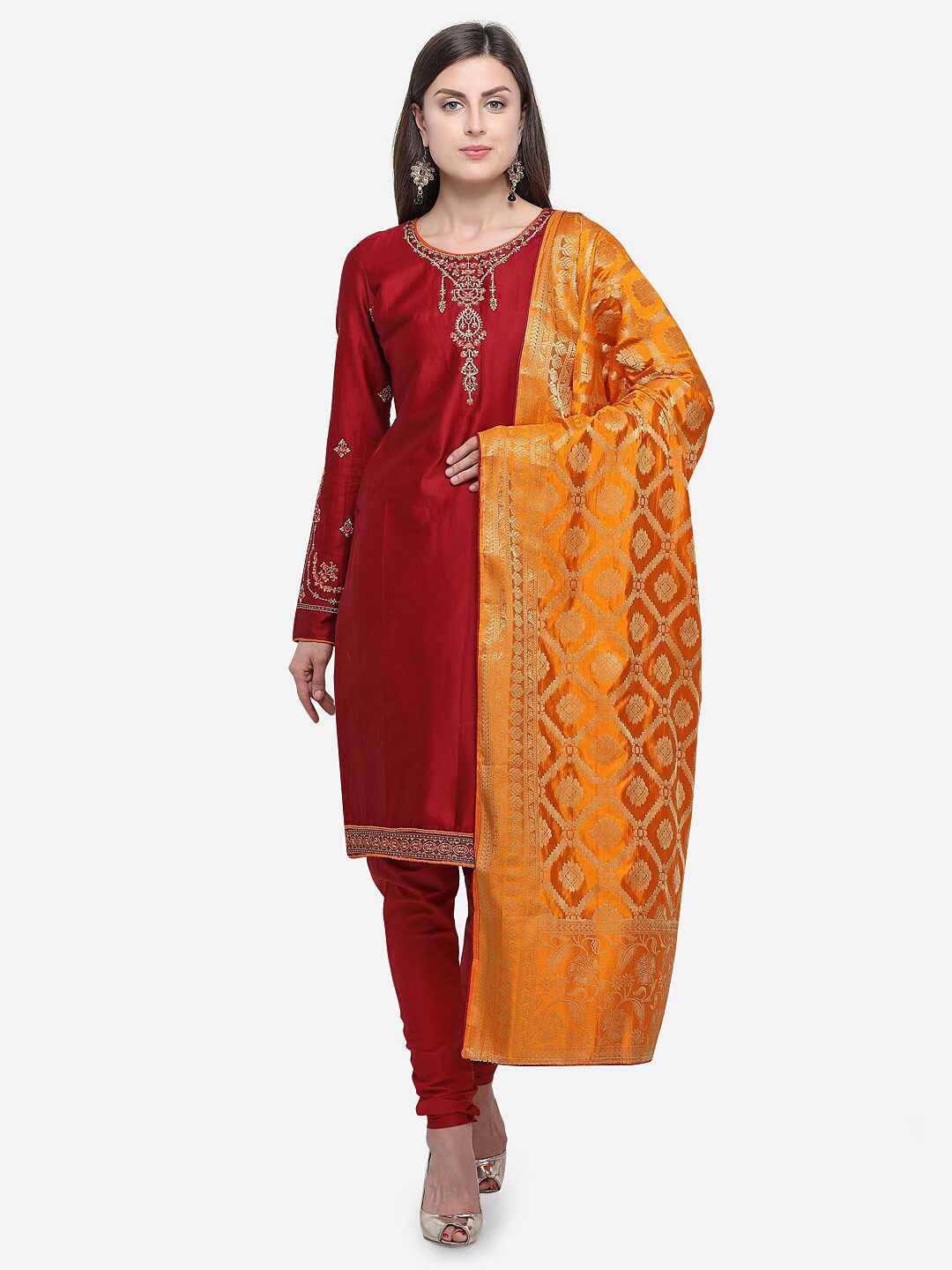 mf Maroon & Mustard Embroidered Pure Cotton Unstitched Dress Material Price in India