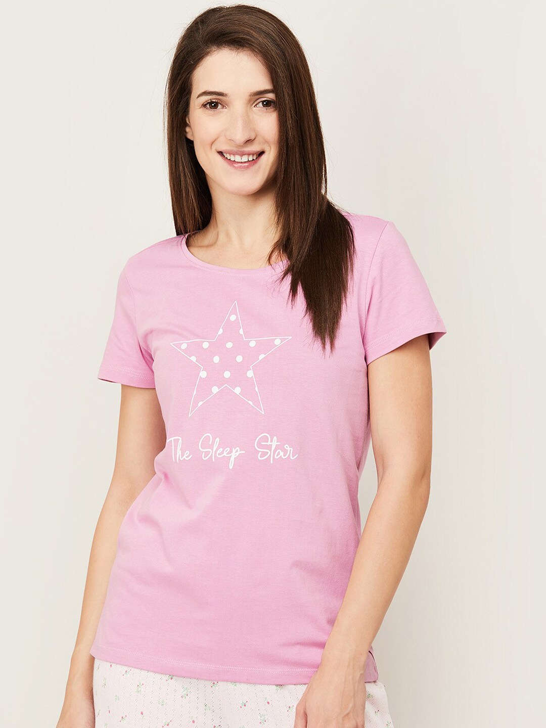 Ginger by Lifestyle Women Pink Printed Pure Cotton Lounge T-Shirt Price in India