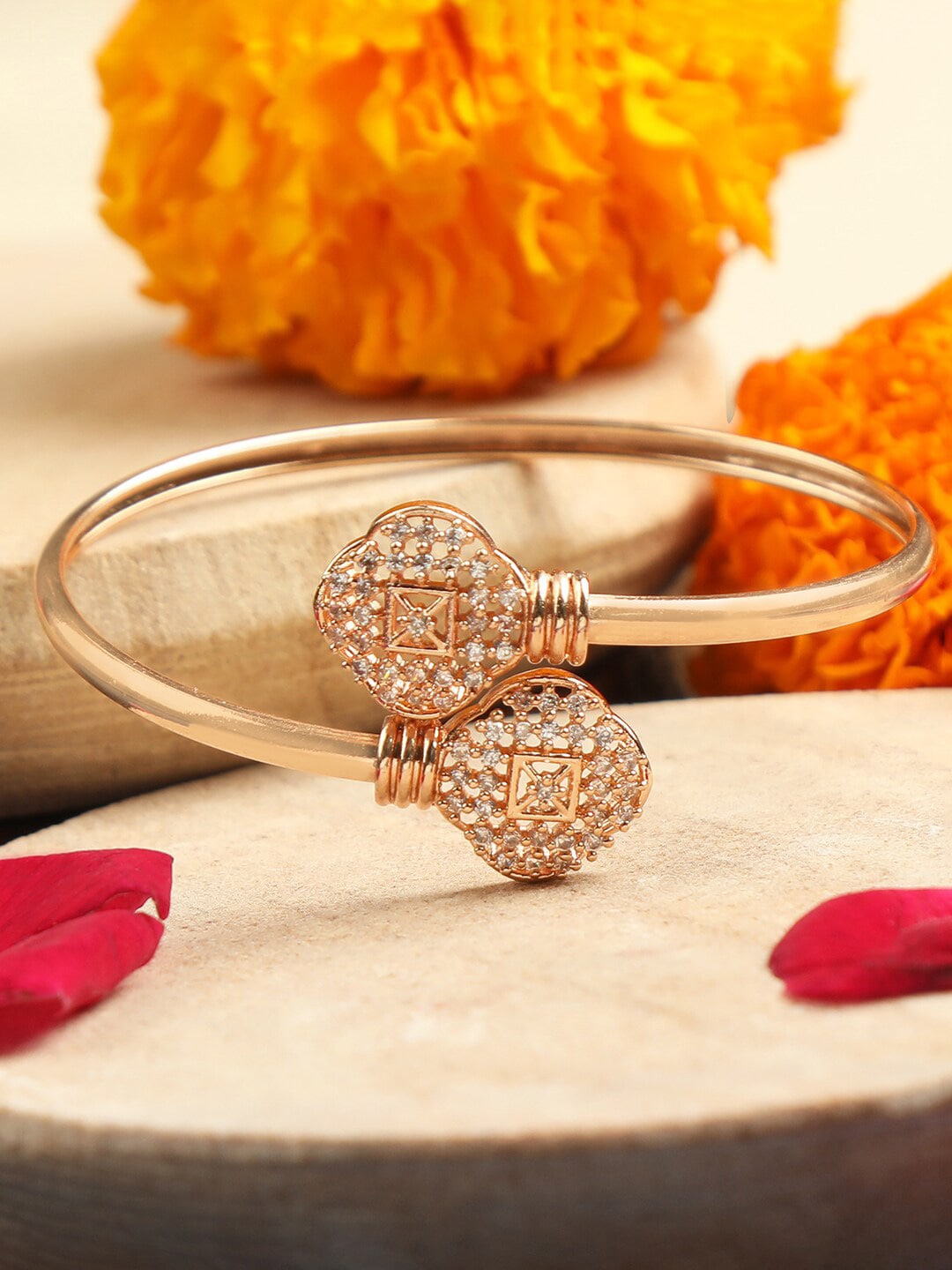 ZINU Women Rose Gold & White Brass Cubic Zirconia Enamelled Rose Gold-Plated Kada Bracelet Price in India