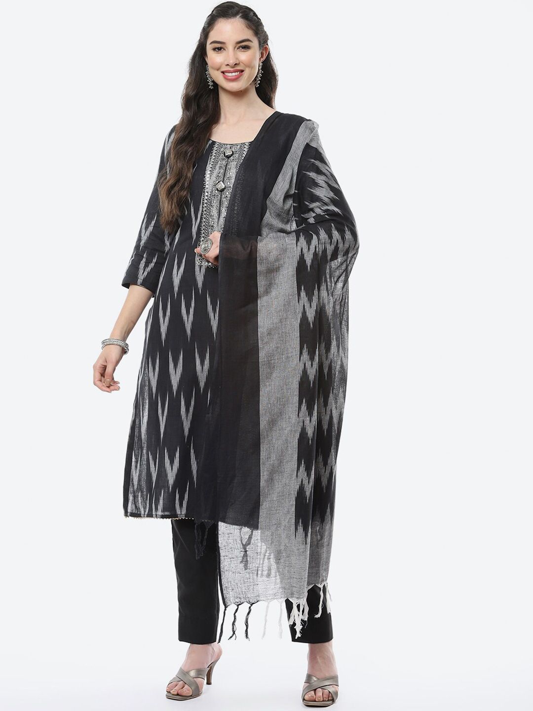 Meena Bazaar Women Black & Grey Ikat Printed Cotton Unstitched Dress Material Price in India