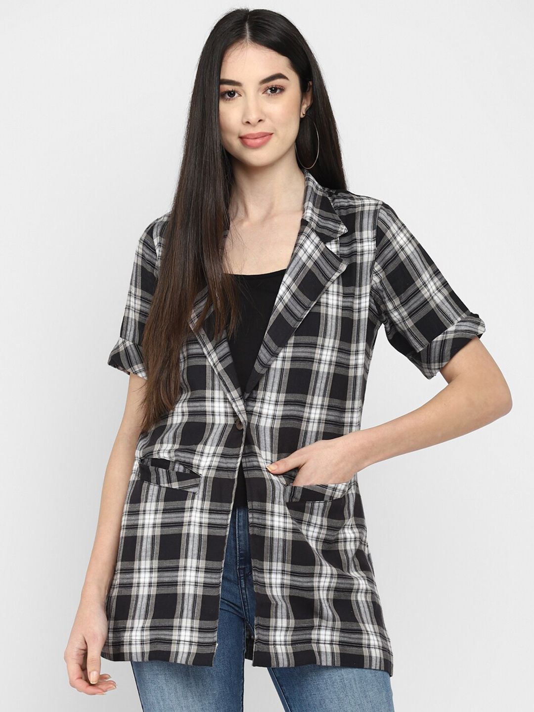 LAMOURE BY RED CHIEF Women Black & White Checked Longline Lapel Shrug Price in India