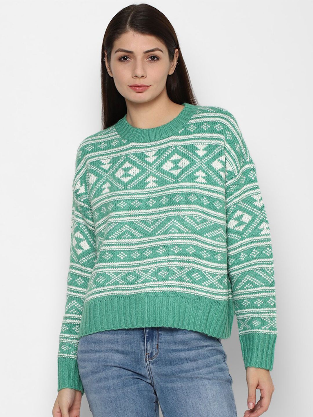 AMERICAN EAGLE OUTFITTERS Women Green & White Self Design Pullover Price in India