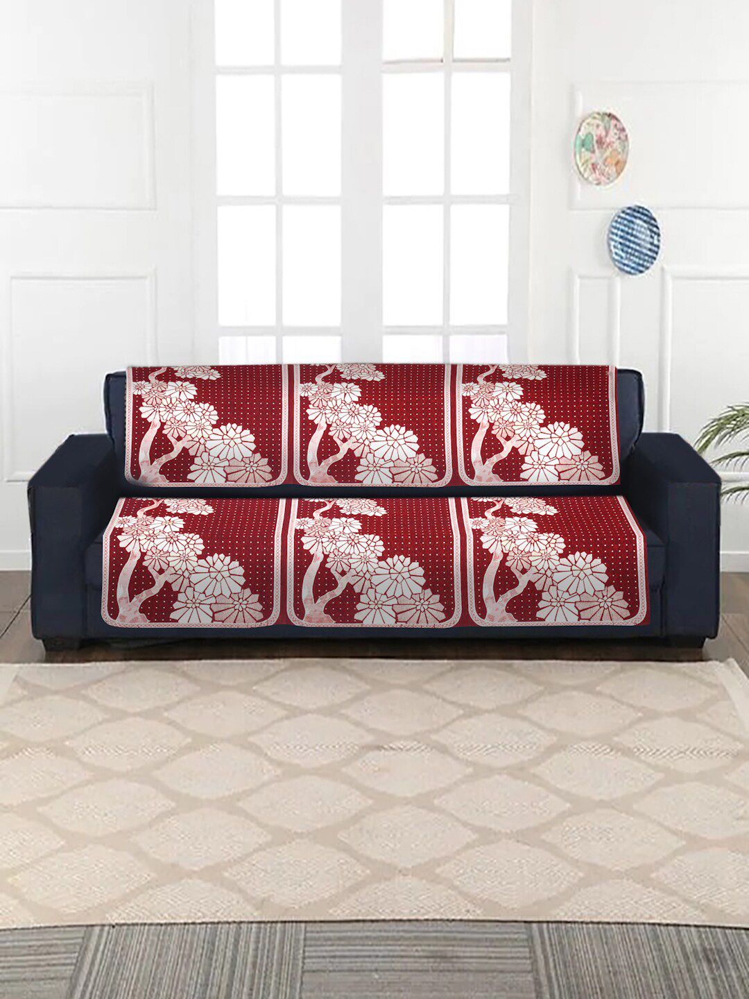 HOSTA HOMES Red Floral Woven Design 5 Seater Sofa Cover Set Price in India