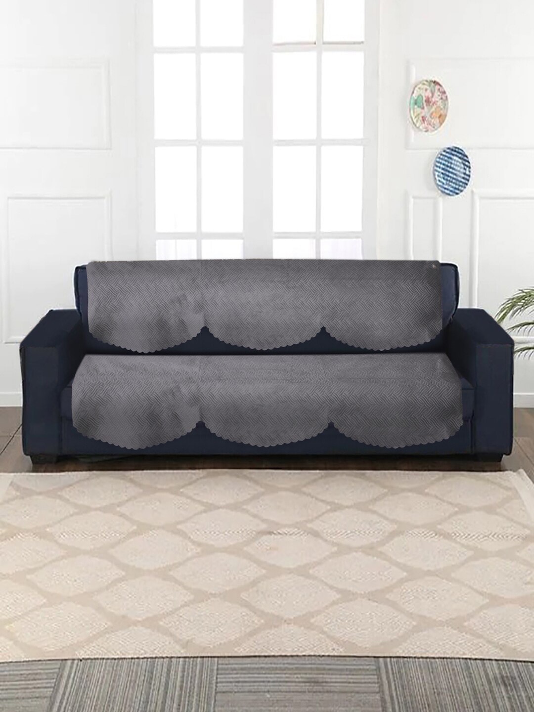 HOSTA HOMES Grey Set Of 10 Velvet Quilted 5 Seater Sofa Cover Price in India