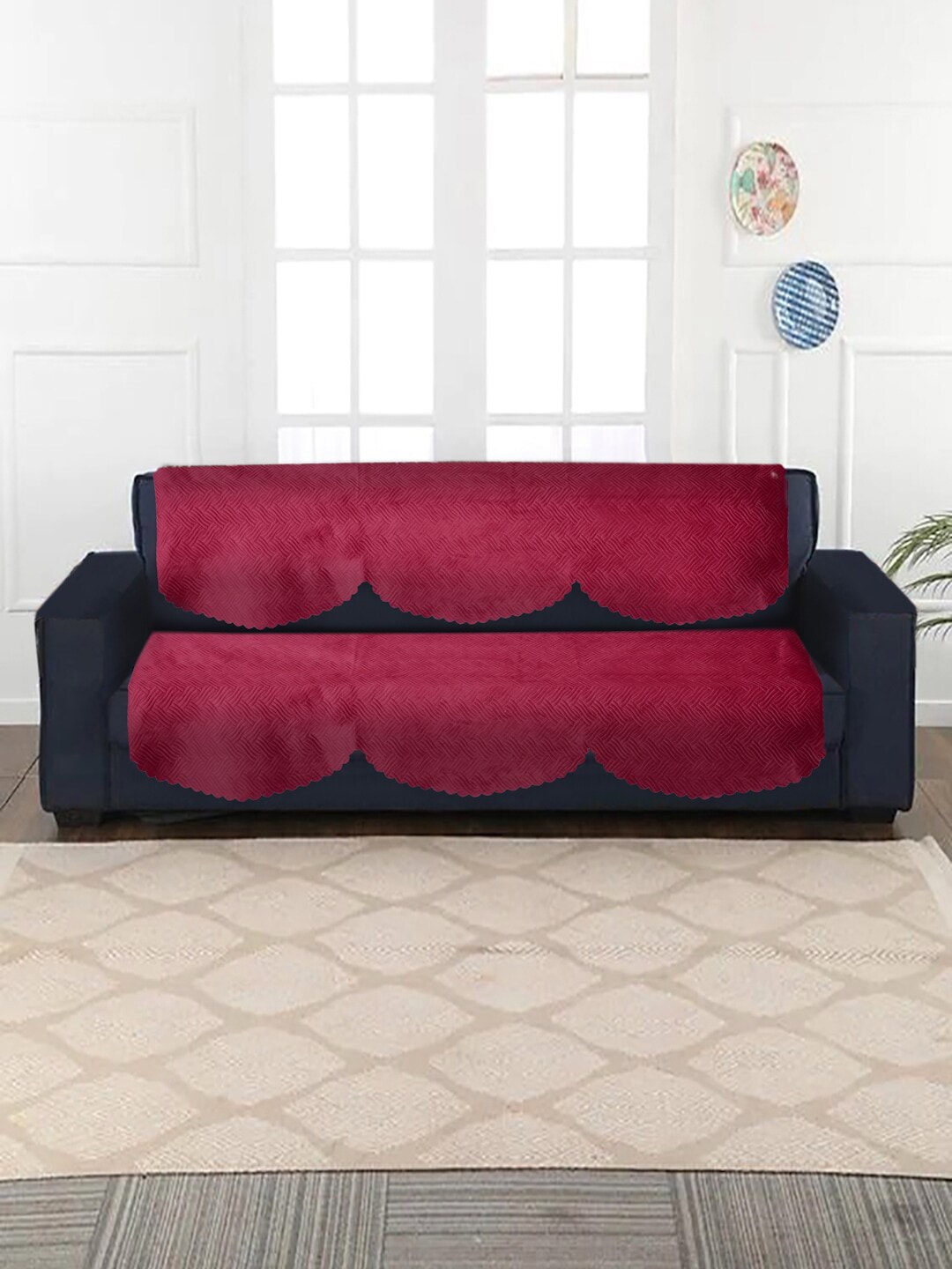 HOSTA HOMES Maroon 5-Seater Quilted Jacquard Velvet Sofa Cover Price in India