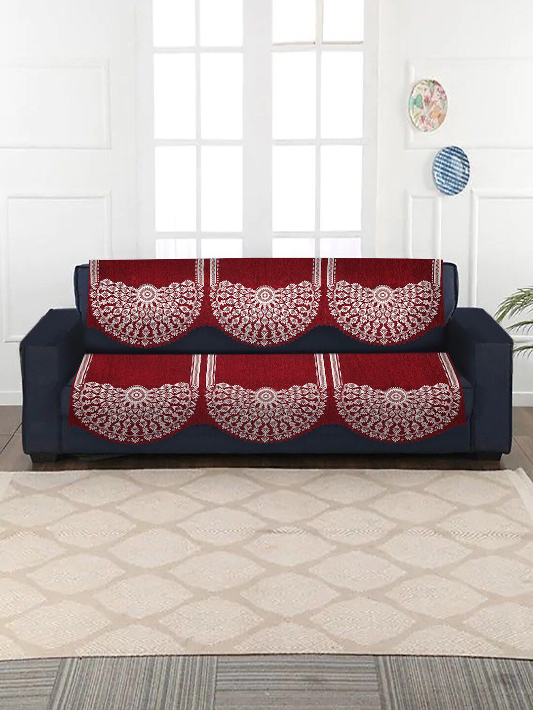 HOSTA HOMES Maroon 10-Pieces Velvet Quilted 5 Seater Sofa Cover Price in India