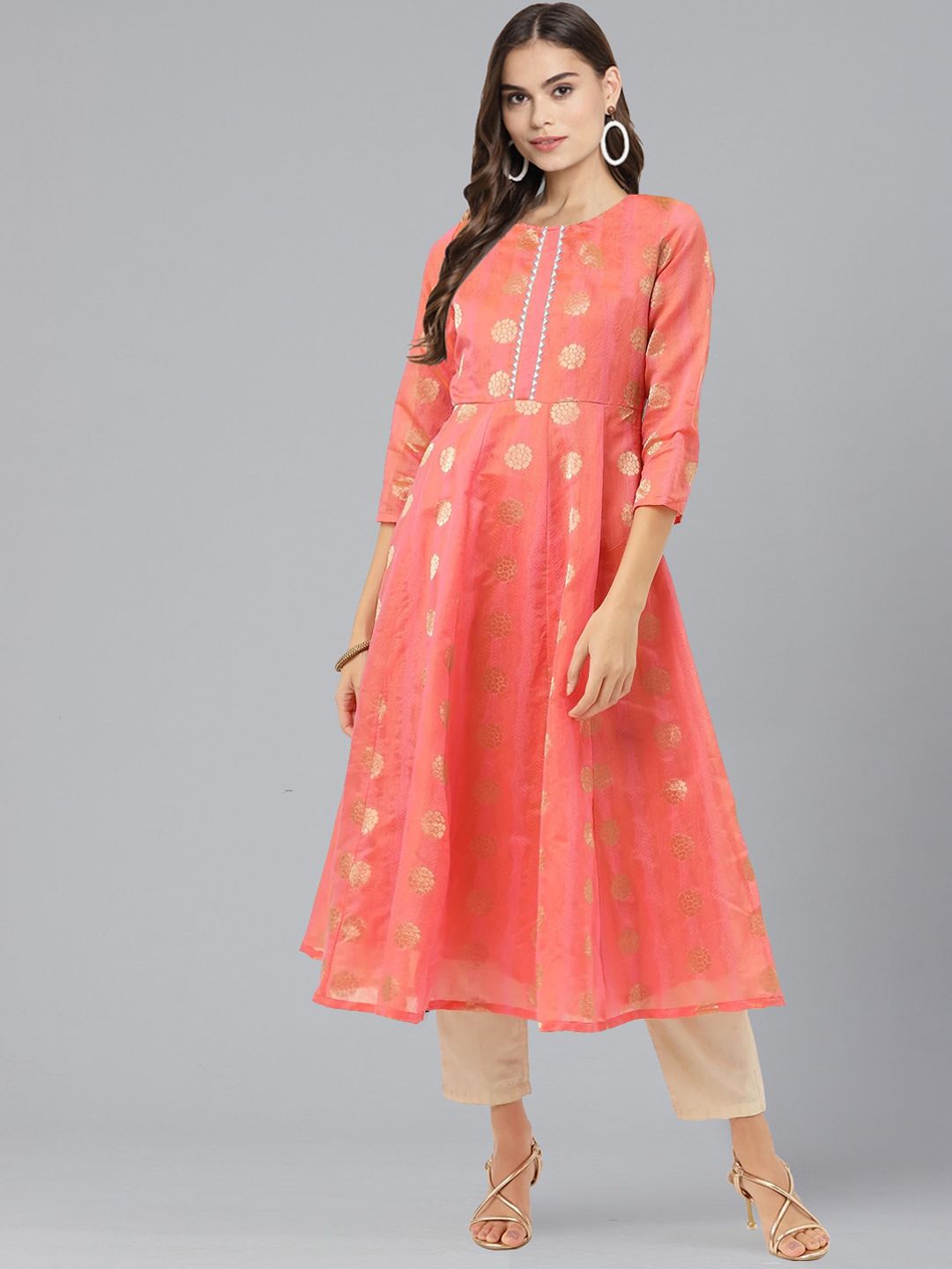 Ahalyaa Women Pink Ethnic Motifs Embellished Floral Chanderi Silk Jacquard Anarkali Kurta Price in India