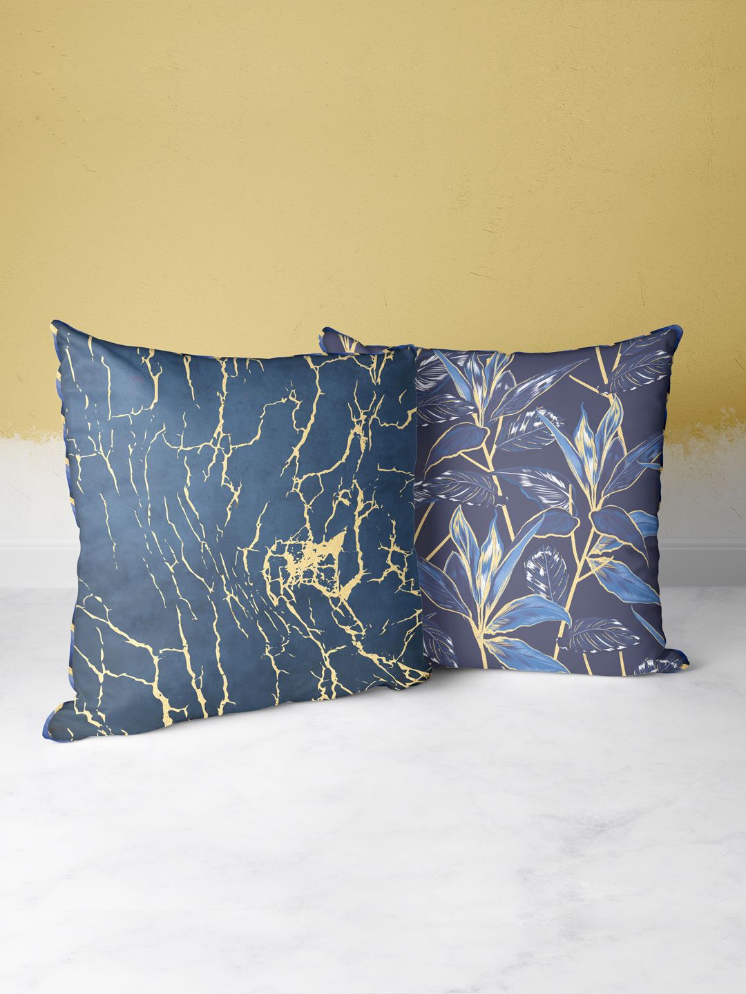 BIANCA Navy Blue & Gold-Toned Set Of 2 Square Cushion Covers