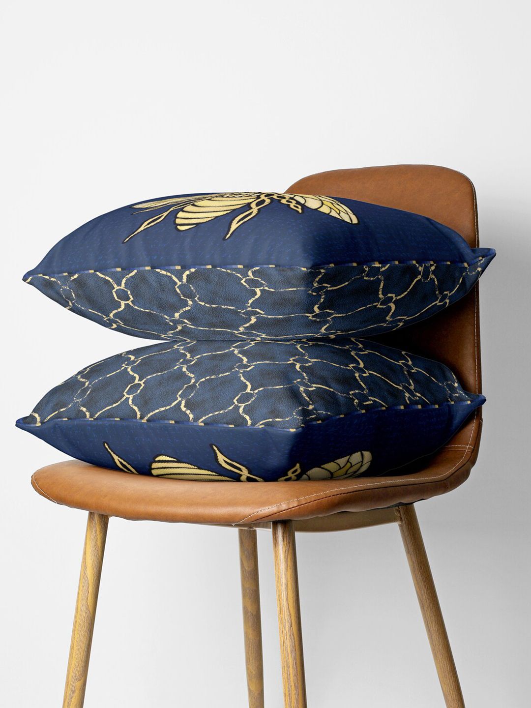 BIANCA Unisex Navy Blue & Gold Set Of 2 Abstract Square Cushion Covers