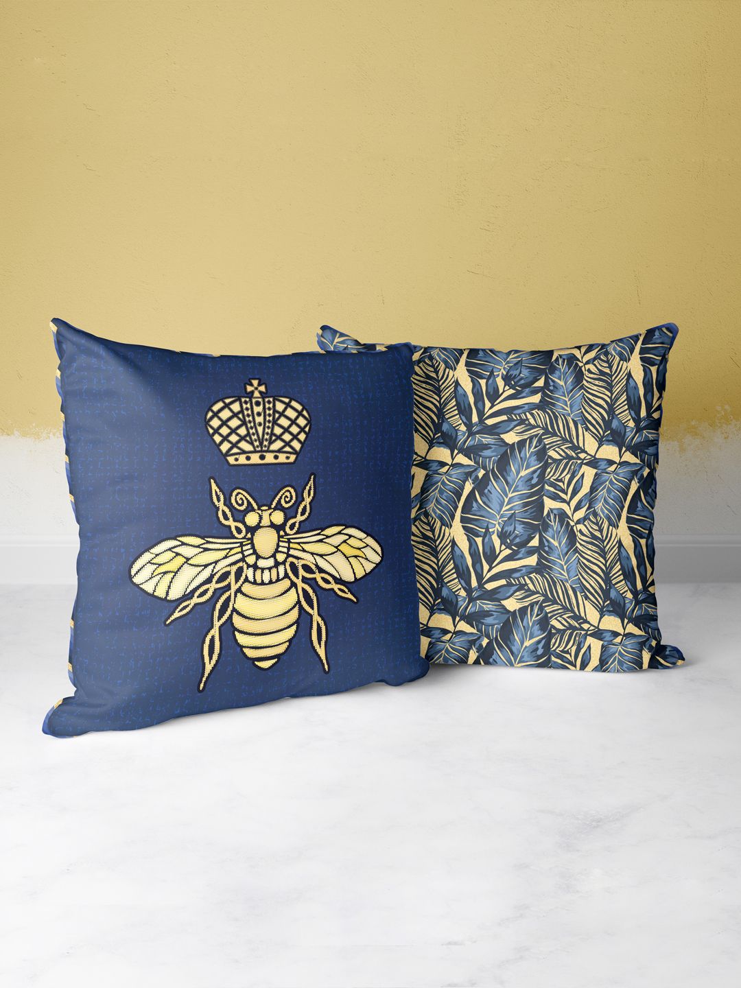 BIANCA Navy Blue & Gold-Toned Set Of 2 Floral Printed Square Cushion Covers