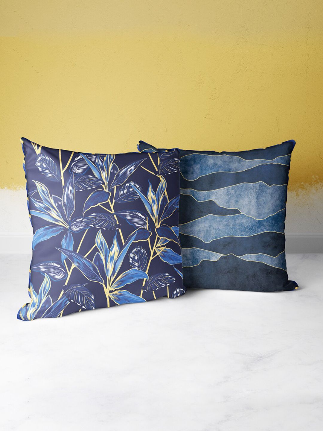 BIANCA Navy Blue & Gold-Toned Set of 2 Floral Square Cushion Covers