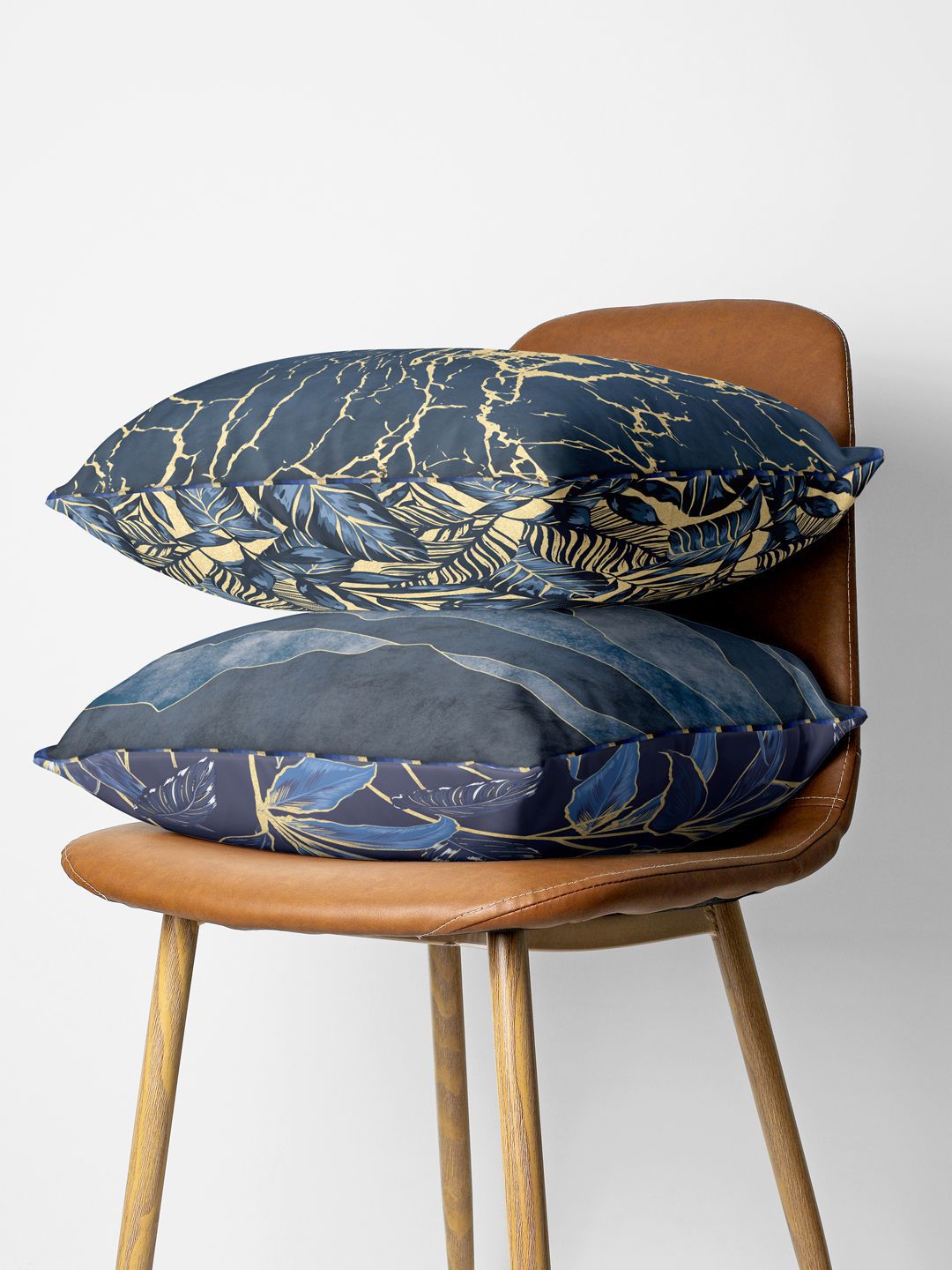 BIANCA Navy Blue & Cream Set Of 2 Floral Printed Square Cushion Covers