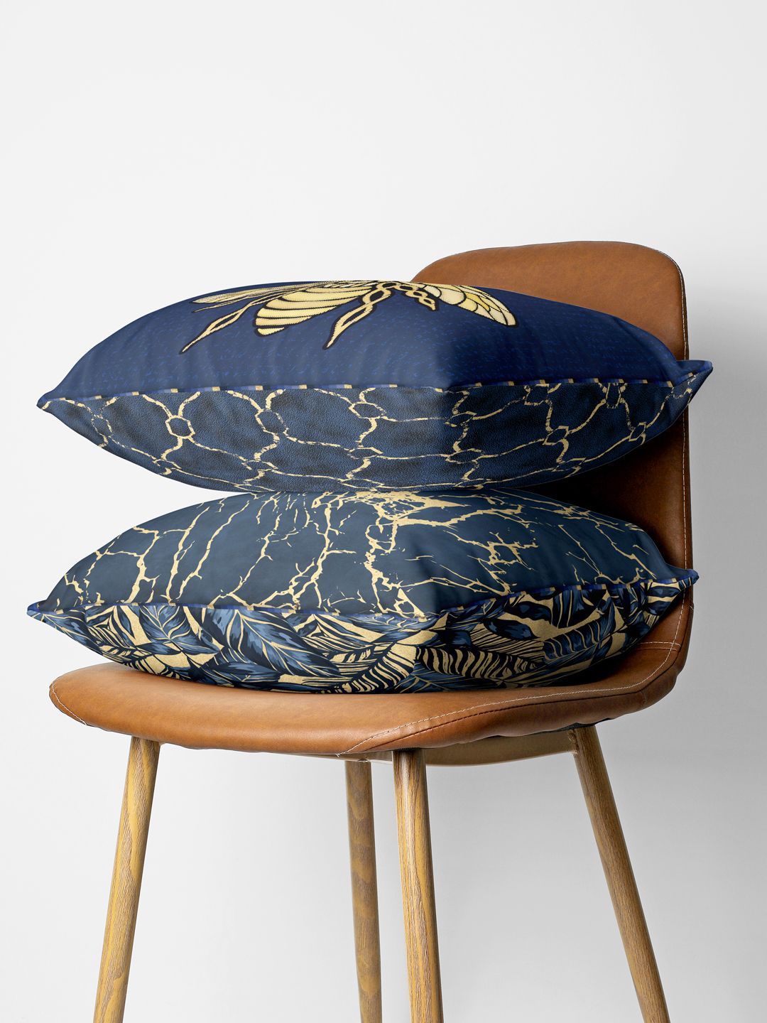 BIANCA Navy Blue Floral Polyester Anti-Wrinkle 2 Pcs Cushion Covers - 16 x 16 Inches