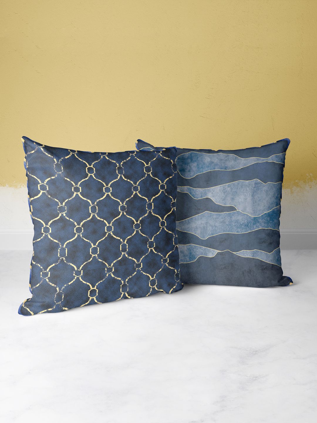 BIANCA Navy Blue & Gold-Toned Set of 2 Abstract Square Cushion Covers