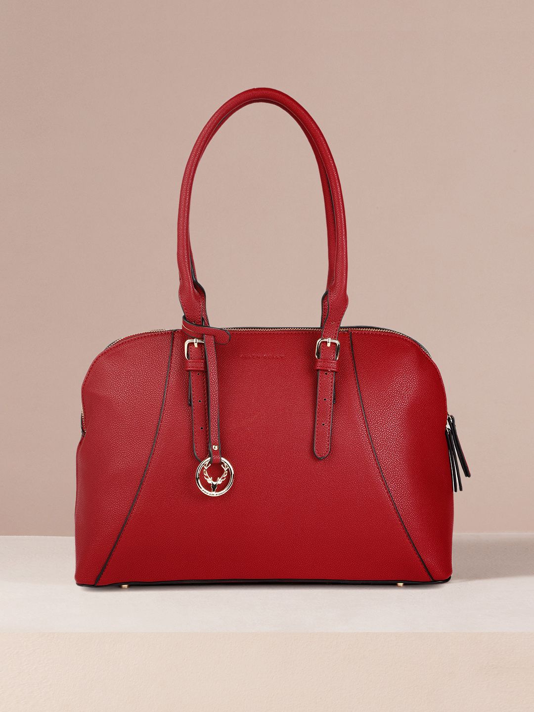 Allen Solly Red Solid PU Regular Structured Shoulder Bag with Brand Logo Tasselled Detail Price in India
