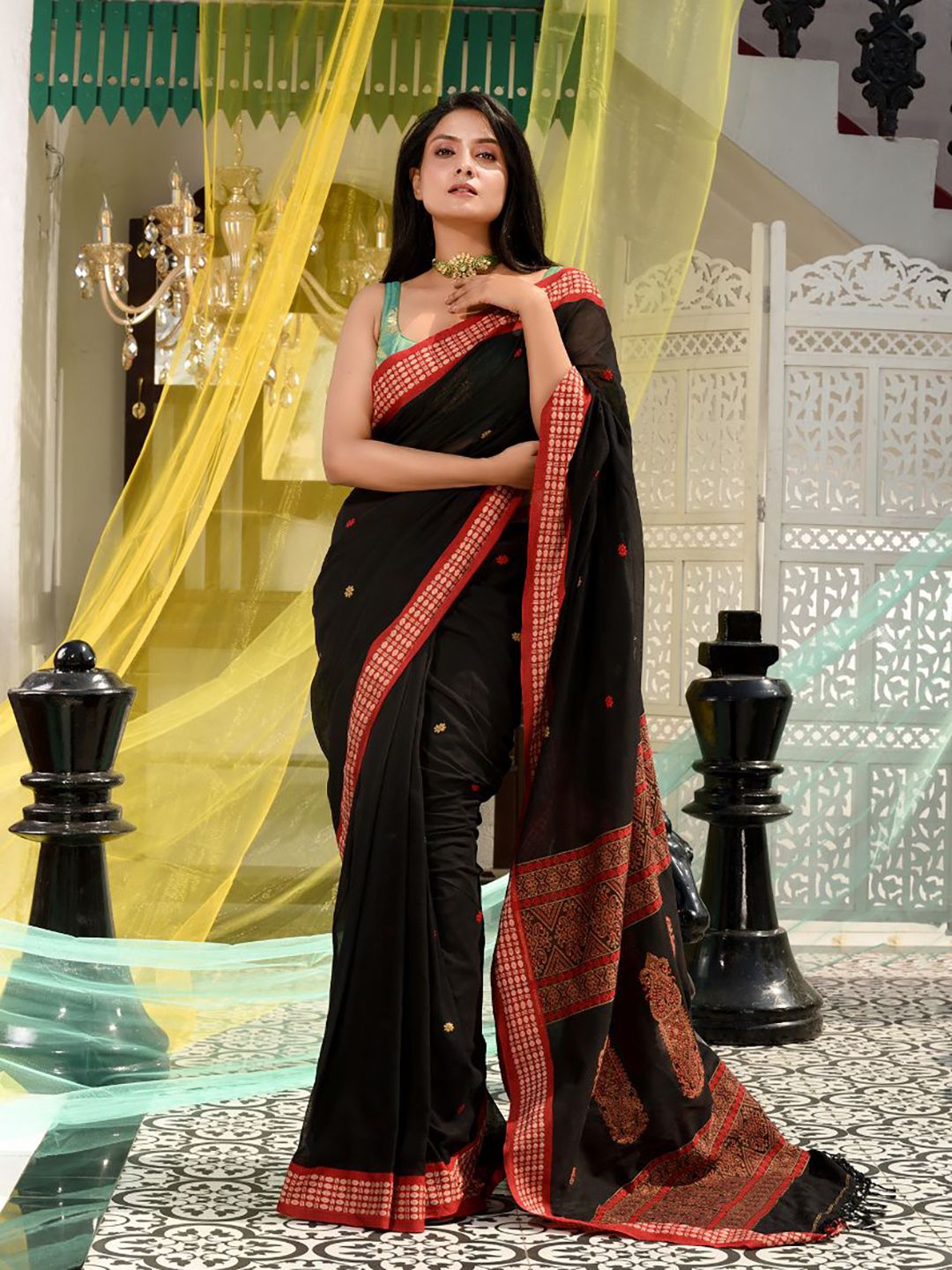 Charukriti Black & Red Woven Design Handloom Saree