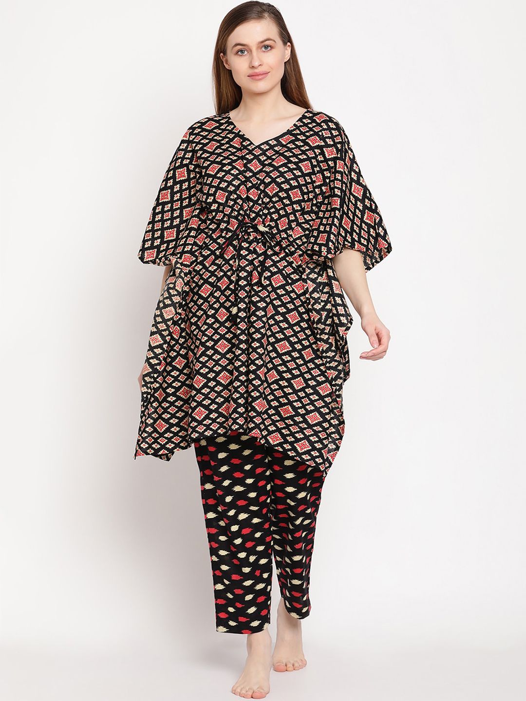 TAG 7 Women Black & Red Printed Kaftan Night suit Price in India