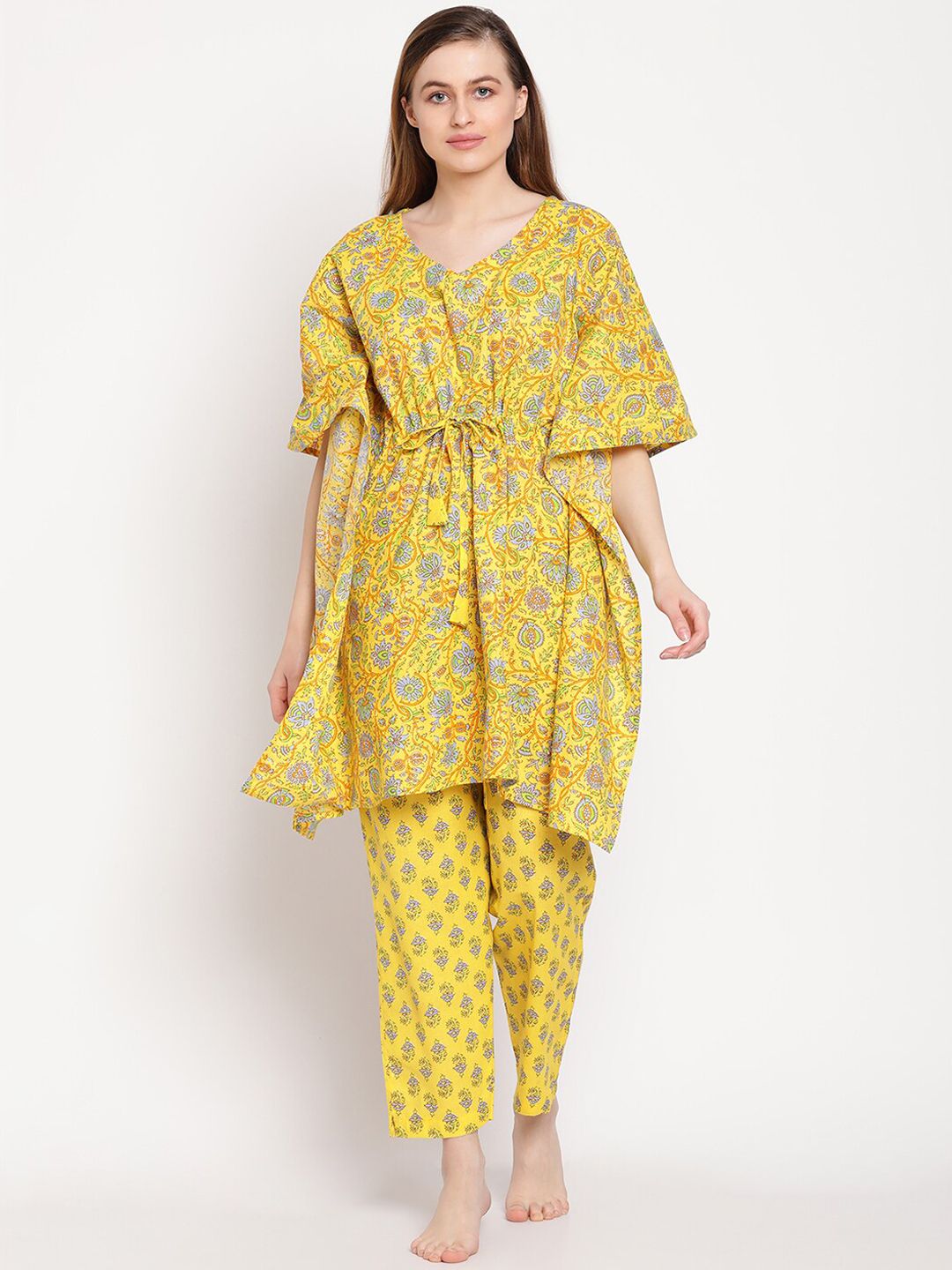 TAG 7 Women Yellow & Blue Printed Kaftan Night suit Price in India