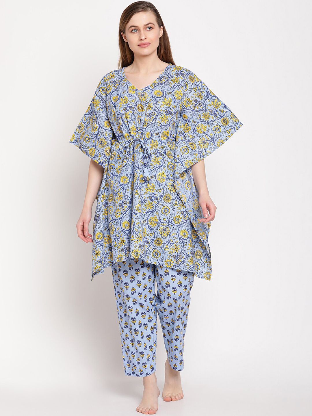 TAG 7 Women Blue & Yellow Printed Kaftan Night suit Price in India