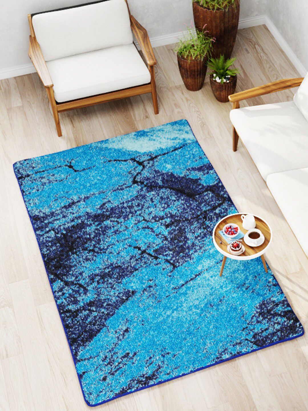 BIANCA Blue Abstract Print Rectangular Soft-Fluffy Anti-Skid Carpet Price in India