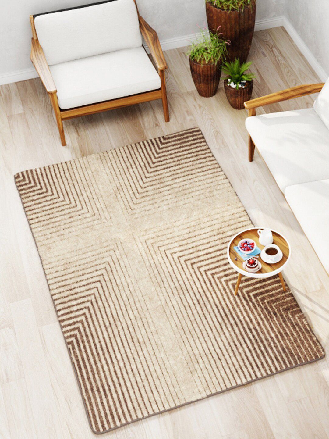 BIANCA Khaki & Brown Geometric Fluffy Anti-Skid Rubber Backing Carpet Price in India