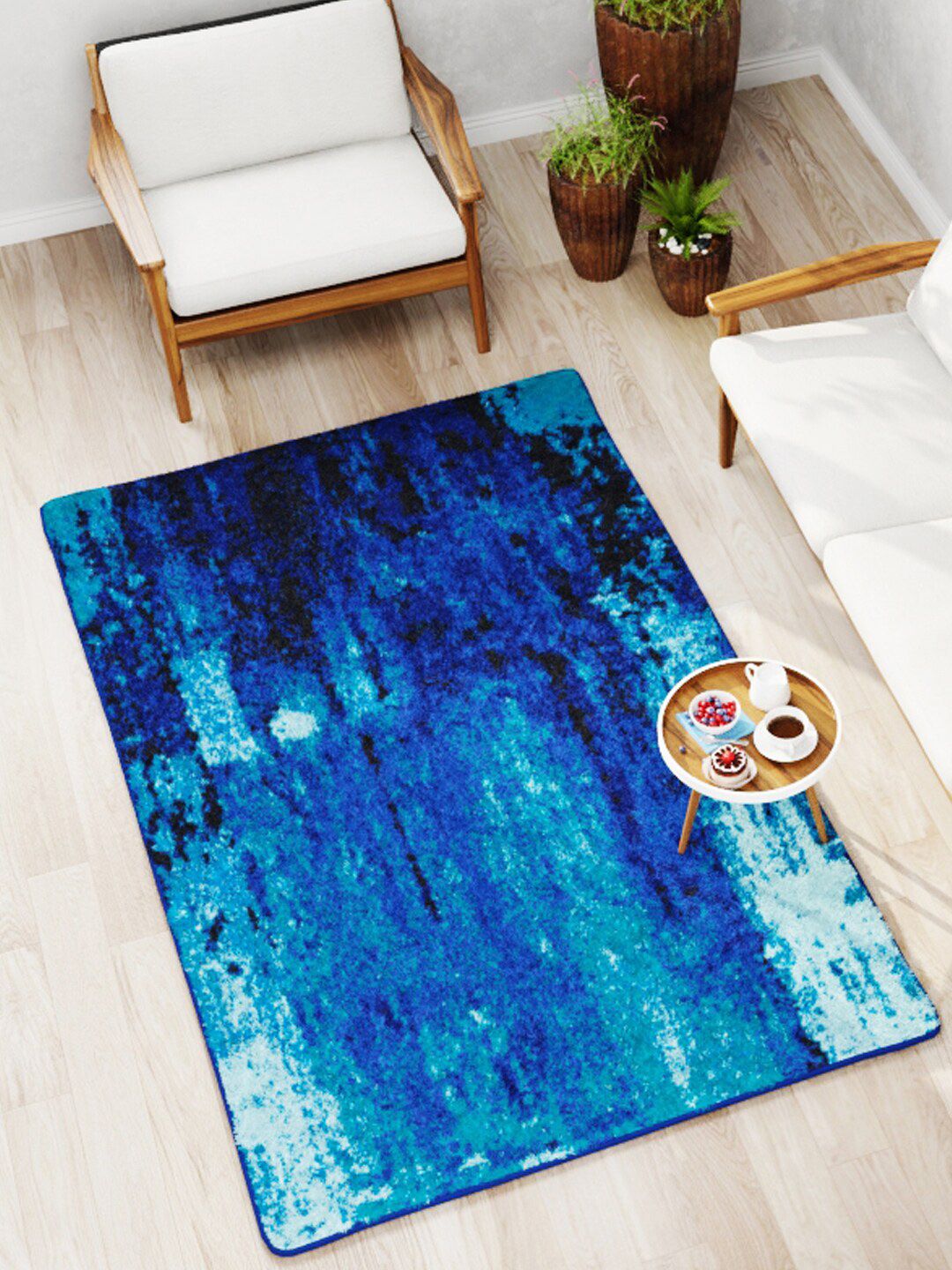 BIANCA Blue Patterned Soft-Fluffy Area-Rug Carpet With Non-Slip Rubber Backing Price in India