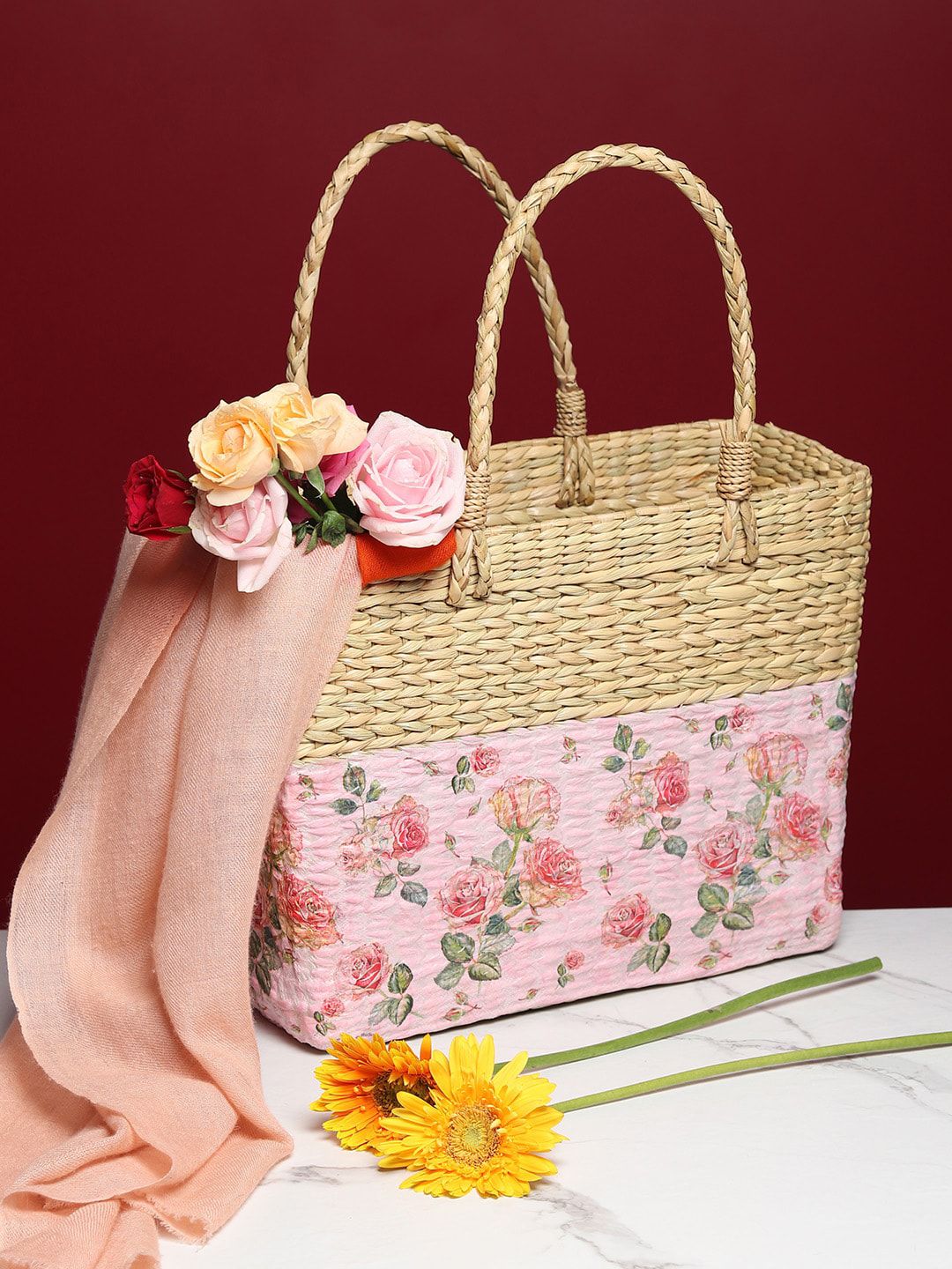 HABERE INDIA Pink & Beige Handcrafted Grass Storage Basket Price in India