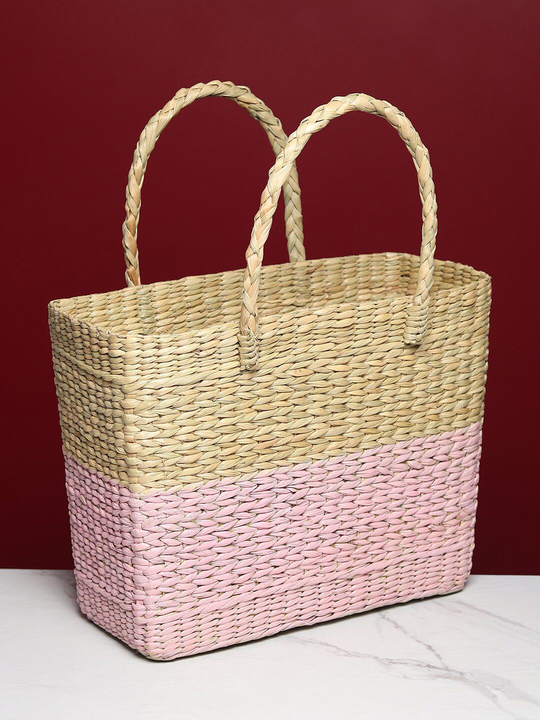 HABERE INDIA Pink & Beige Handcrafted Grass Storage Basket Price in India