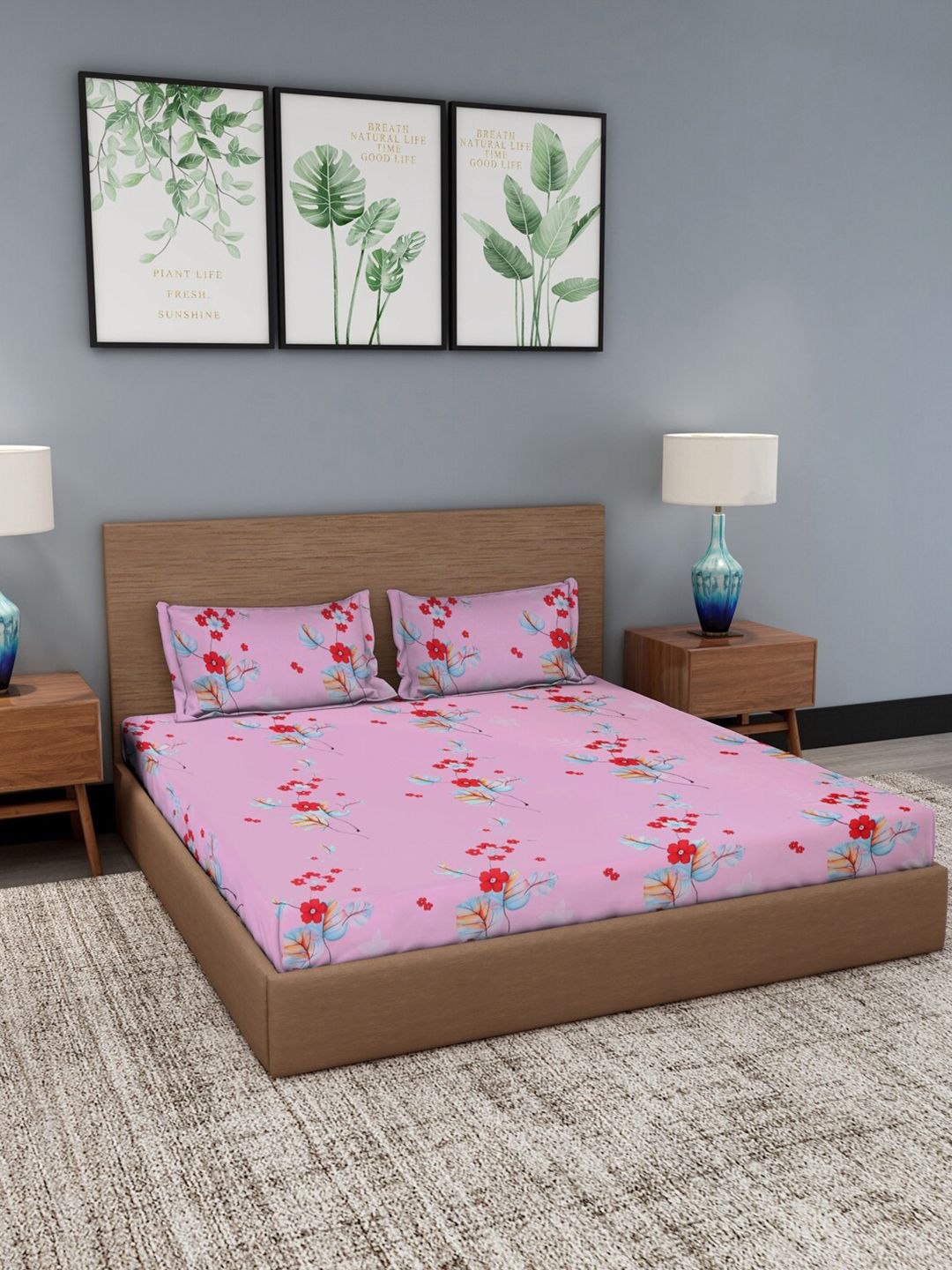 Dhrohar Pink & Blue Floral 180 TC King Bedsheet with 2 Pillow Covers Price in India
