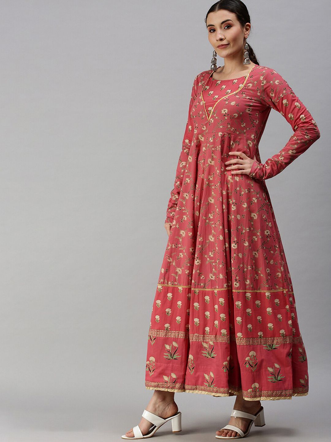 SHOWOFF Women Pink Floral Printed Anarkali Kurta Price in India