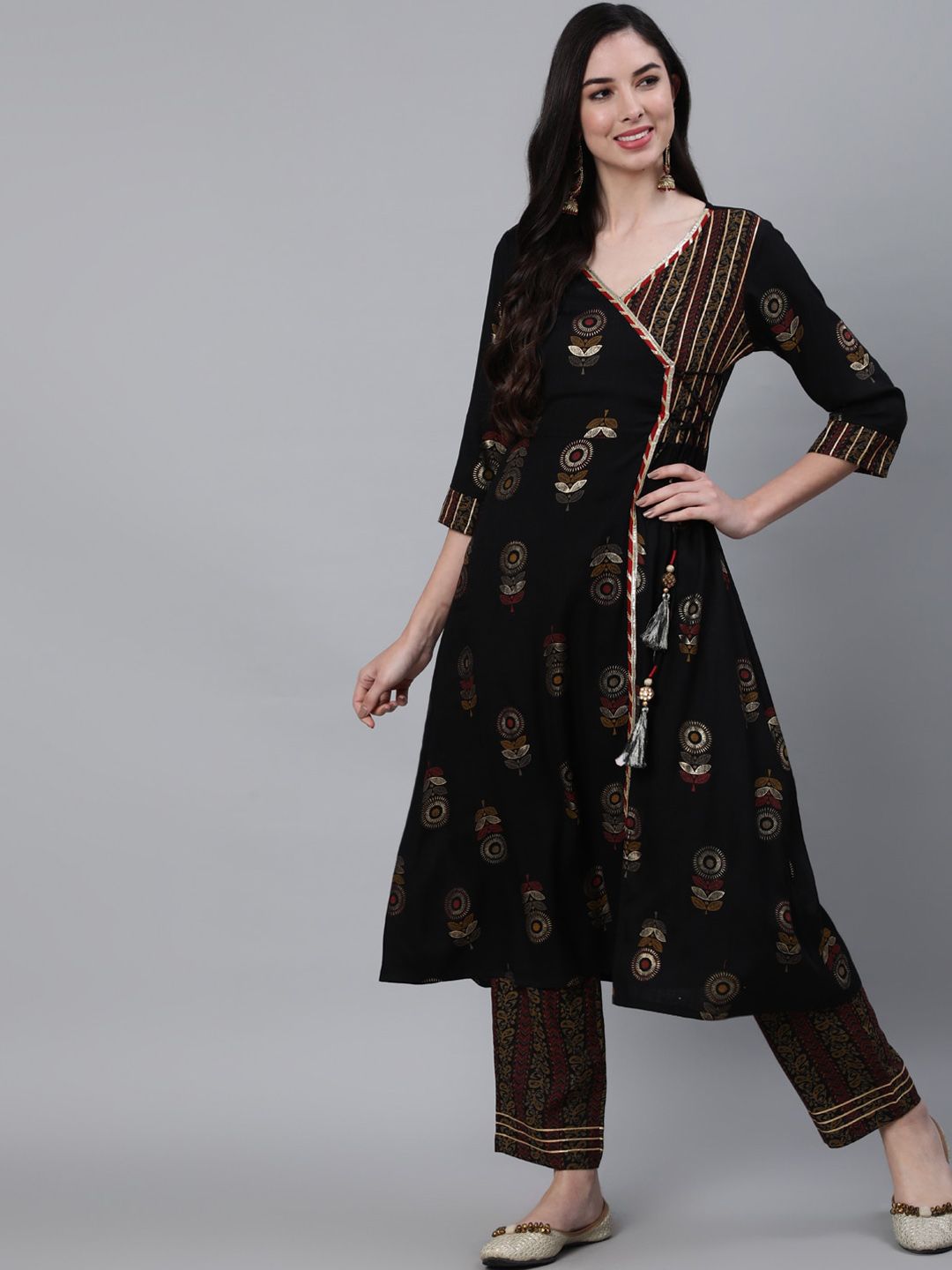 Jaipur Kurti Women Black Floral Printed Angrakha Gotta Patti Kurta with Palazzos Price in India