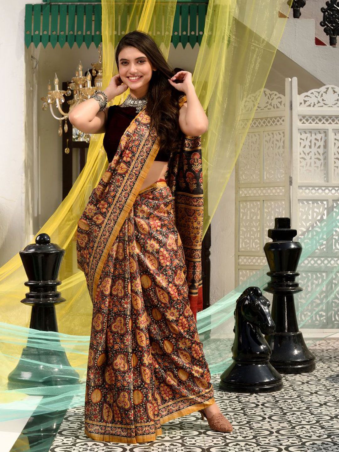 Charukriti Black & Red Ethnic Motifs Pure Silk Saree Price in India