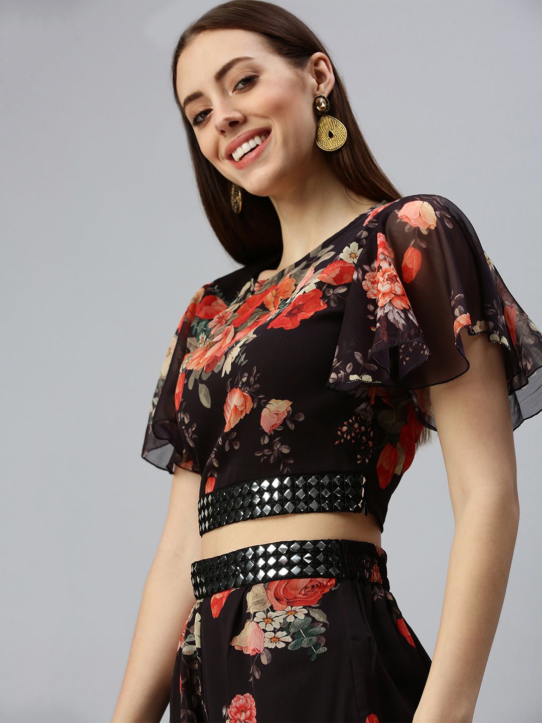 SHOWOFF Women Black Embellished Top with Trousers