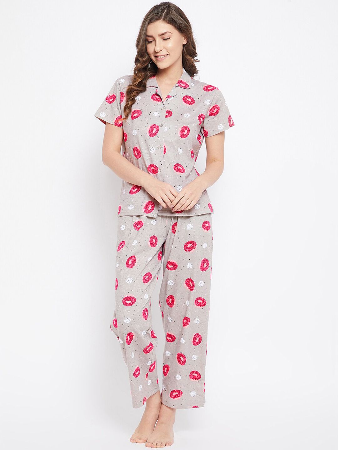 Clovia Women Grey & Pink Printed Cotton Night suit Price in India
