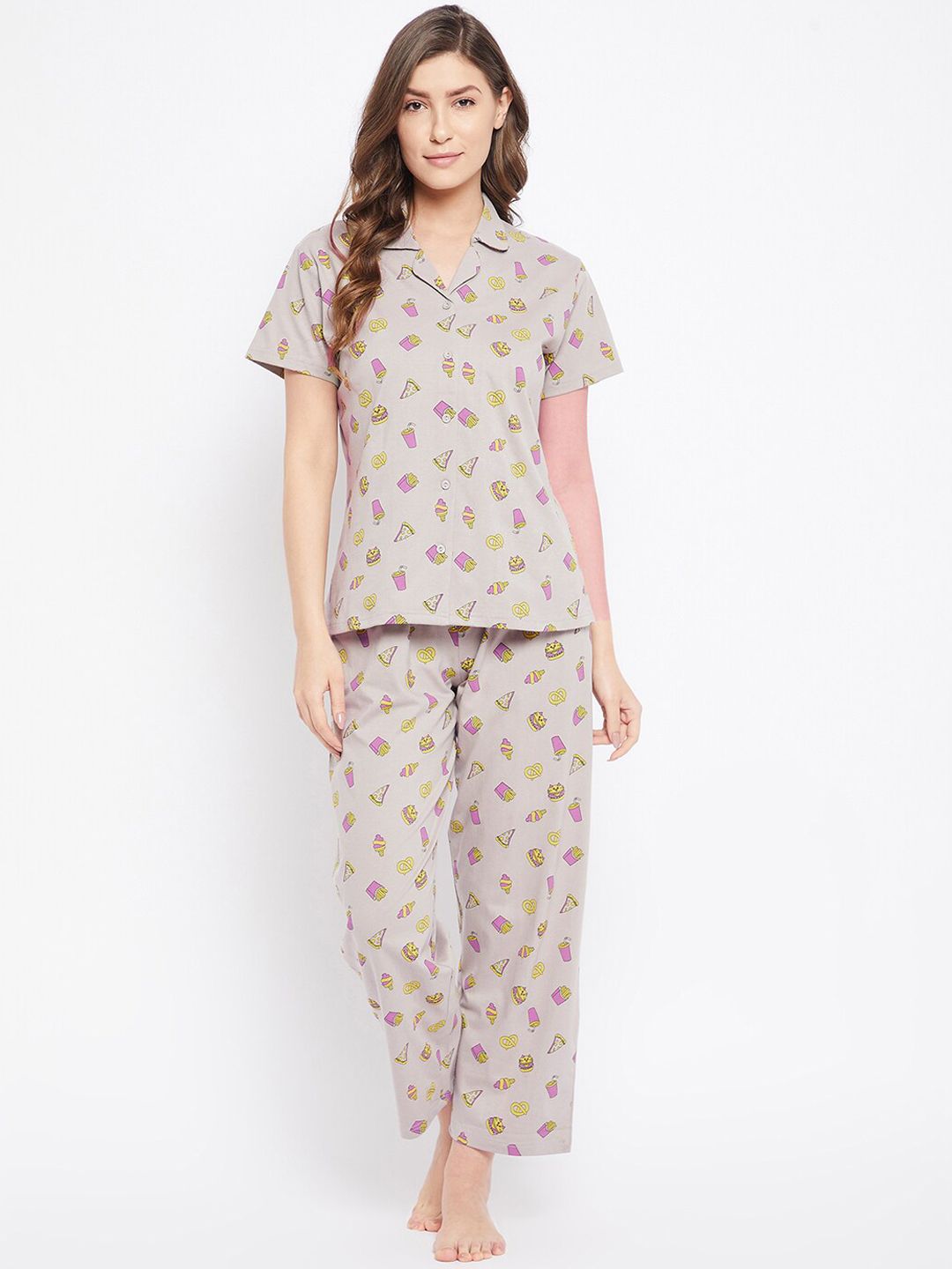 Clovia Women Grey & Violet Conversational Printed Pure Cotton Night Suit Price in India