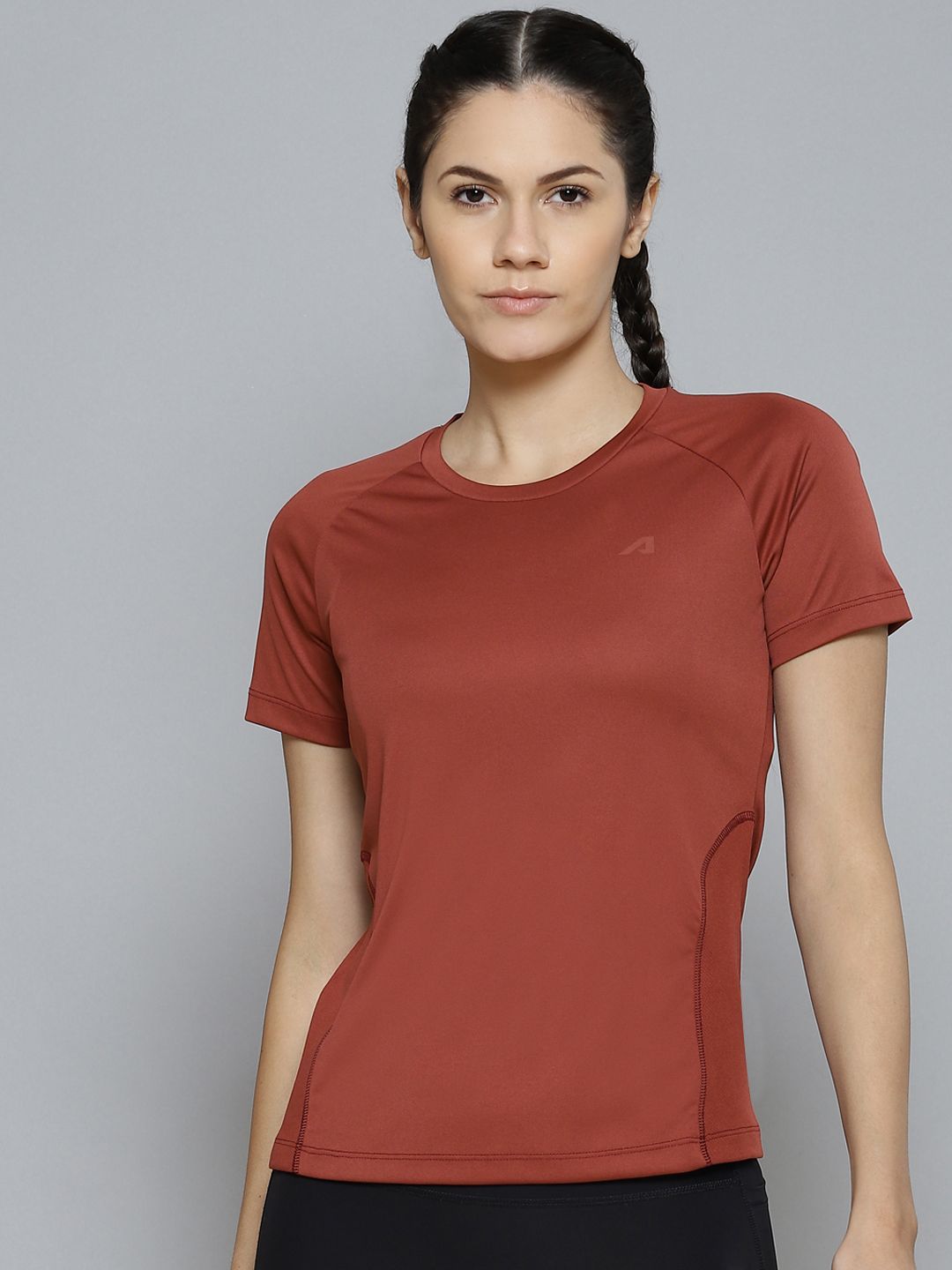 Alcis Women Rust Red Slim Fit Training or Gym T-shirt Price in India