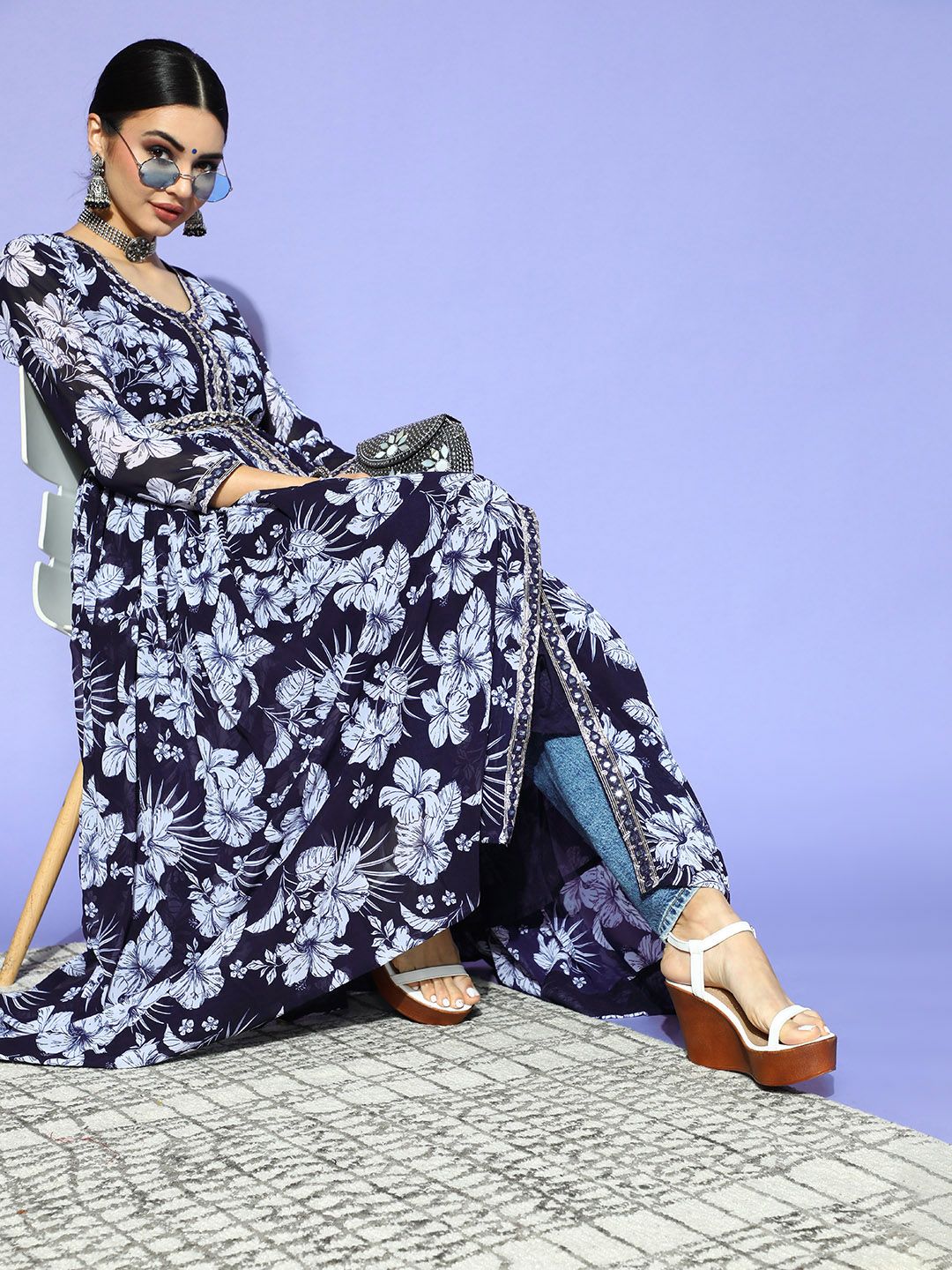 ZOLA Deep Navy Blue Georgette Swirling Volume Kurta Price in India