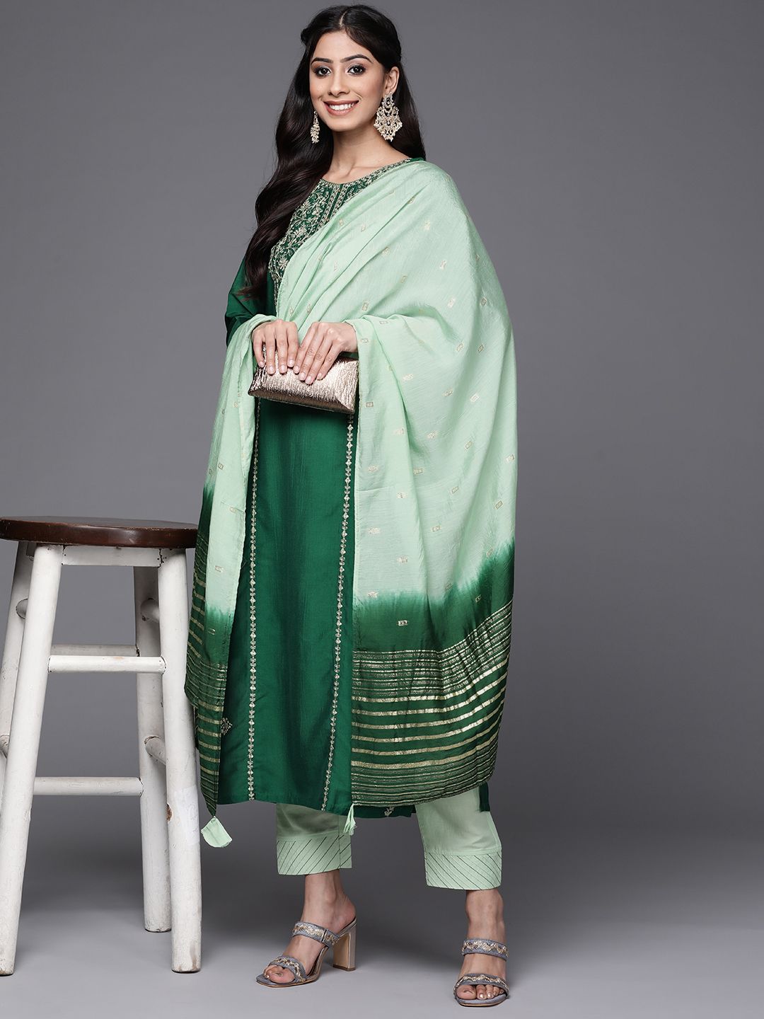 Varanga Women Green Embroidered Gotta Patti Pure Cotton Kurta with Trousers & Dupatta Price in India