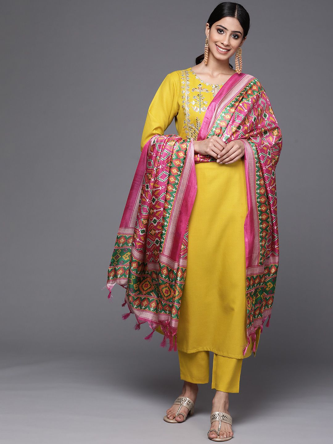 Varanga Women Mustard Yellow Yoke Design Mirror Work Cotton Kurta with Trousers & Dupatta Price in India