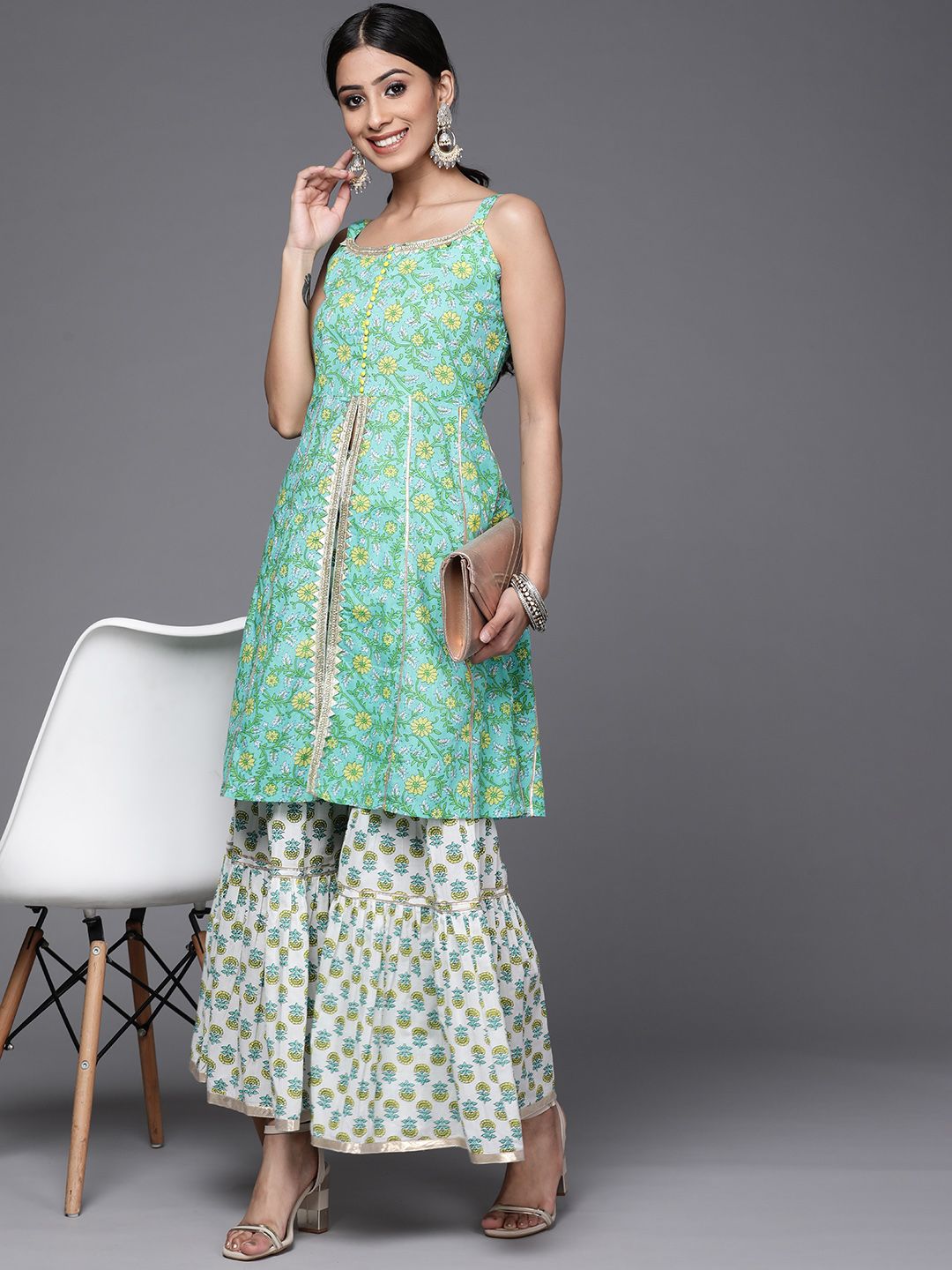 Varanga Women Sea Green & White Floral Printed Gotta Patti Pure Cotton Kurta with Sharara Price in India