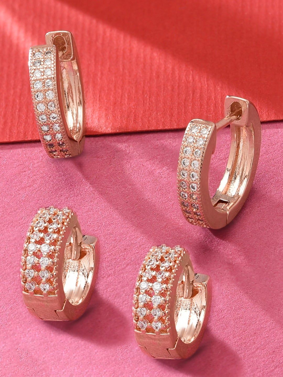 Zaveri Pearls Set Of 2 Rose Gold Plated Contemporary Hoop Earrings Price in India