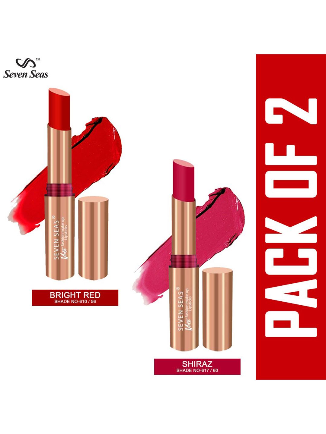 Seven Seas Set of 2 Matte Fashion Makeup Lipstick - Bright Red 56 & Shiraz 60 Price in India