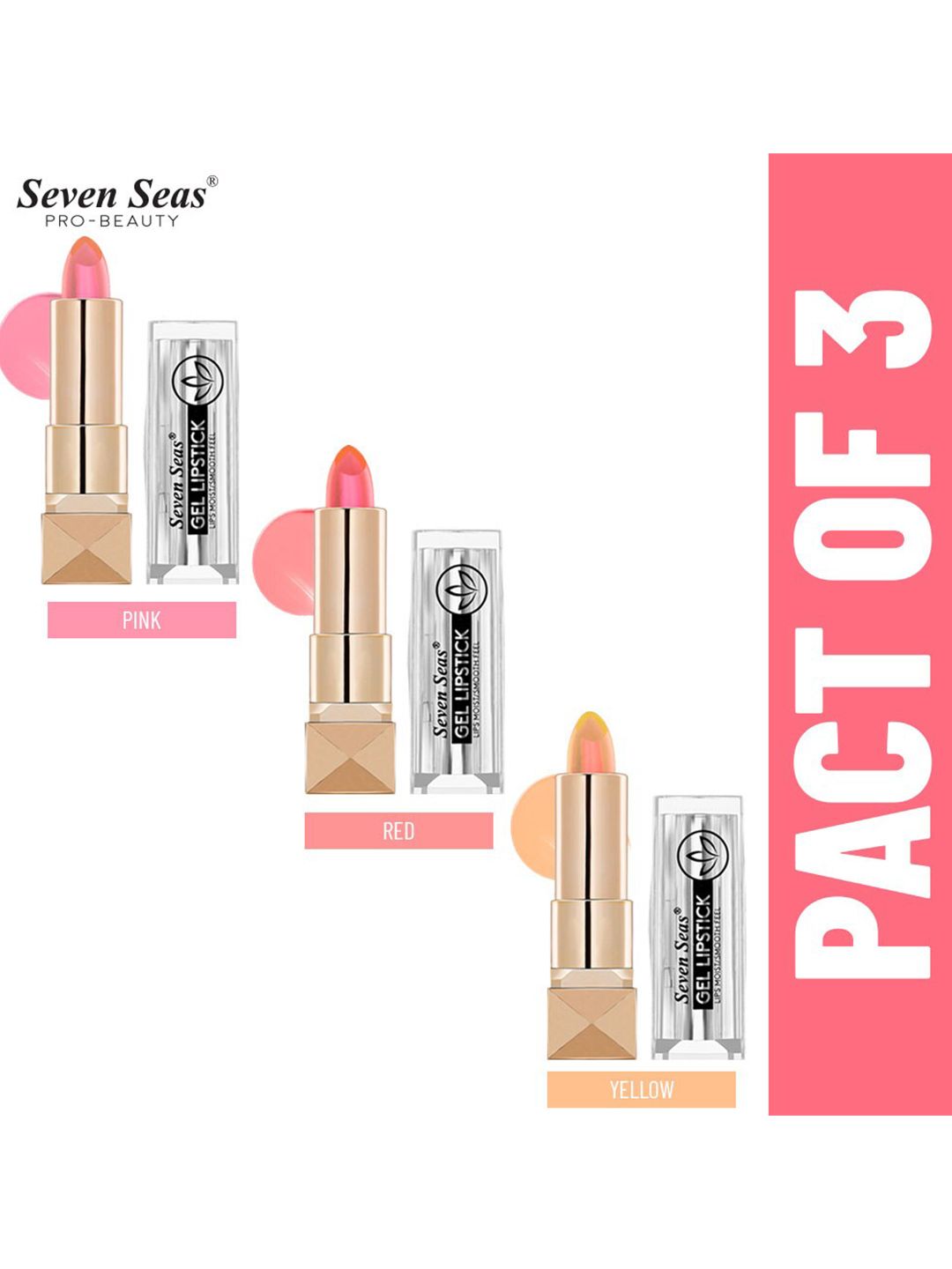 Seven Seas Set of 3 Lips Moist Smooth Feel Gel Lipstick - Pink-Yellow & Red Price in India