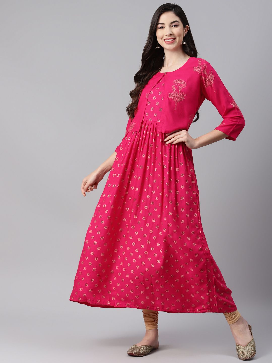 Aarika Pink Ethnic Motifs Printed Pure Cotton Anarkali Kurti Price in India
