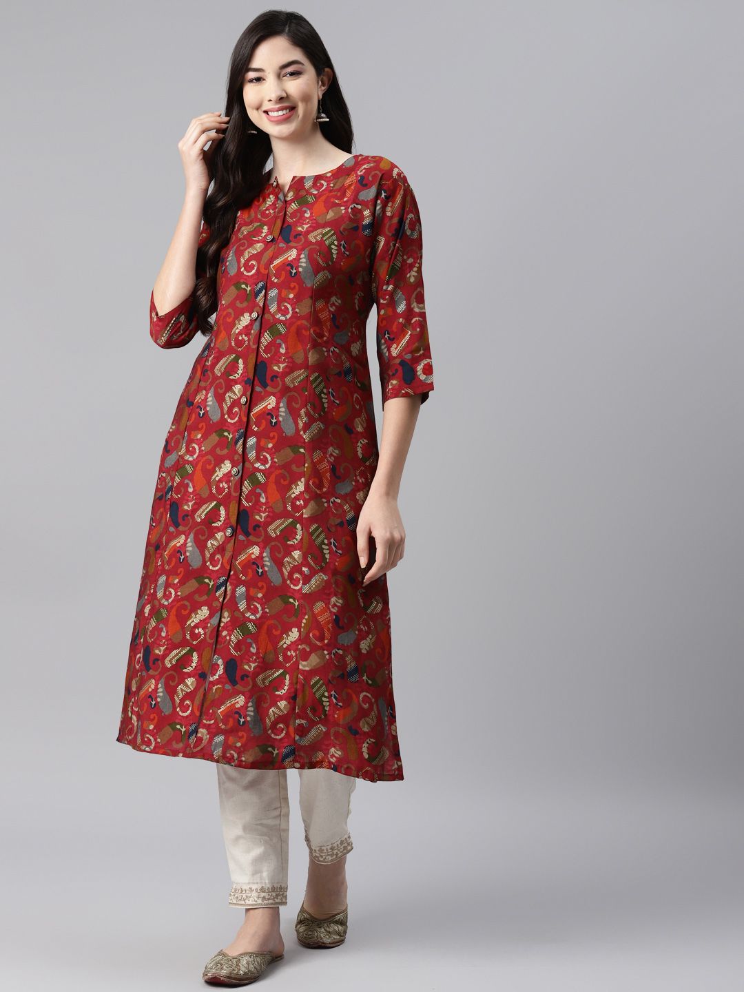 Aarika Maroon Ethnic Motifs Printed Pure Cotton Kurti