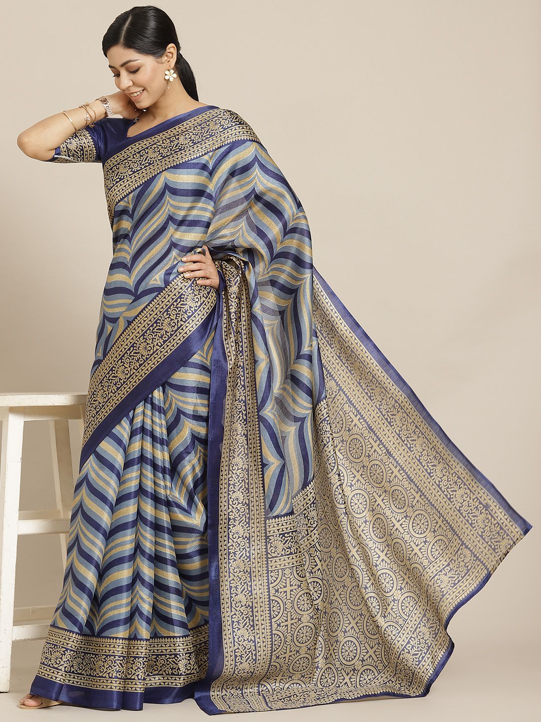 SIRIL Blue & Beige Silk Cotton Khadi Saree